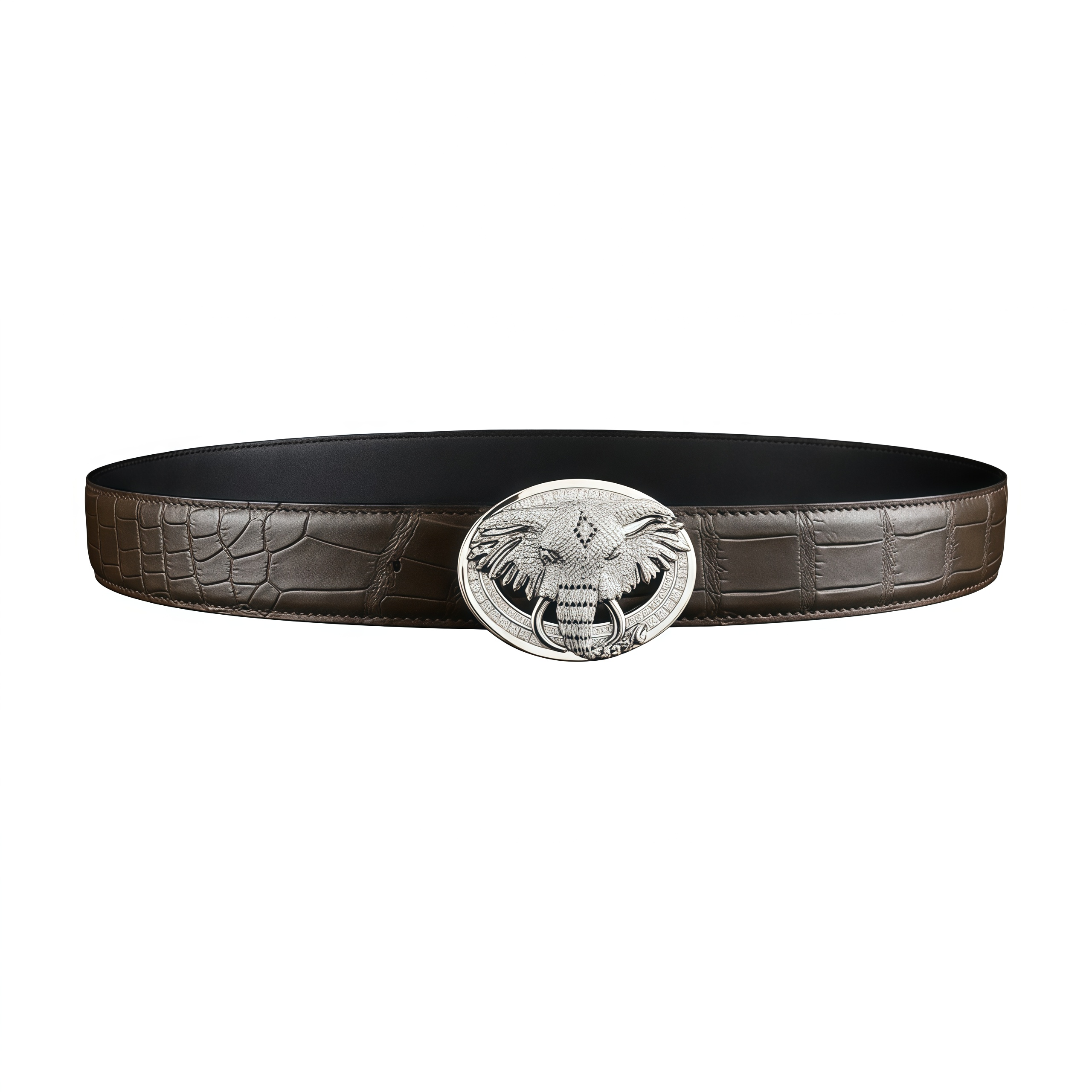 BELTLEY Espresso Crocodile Leather Belt with Sculpted Elephant Buckle