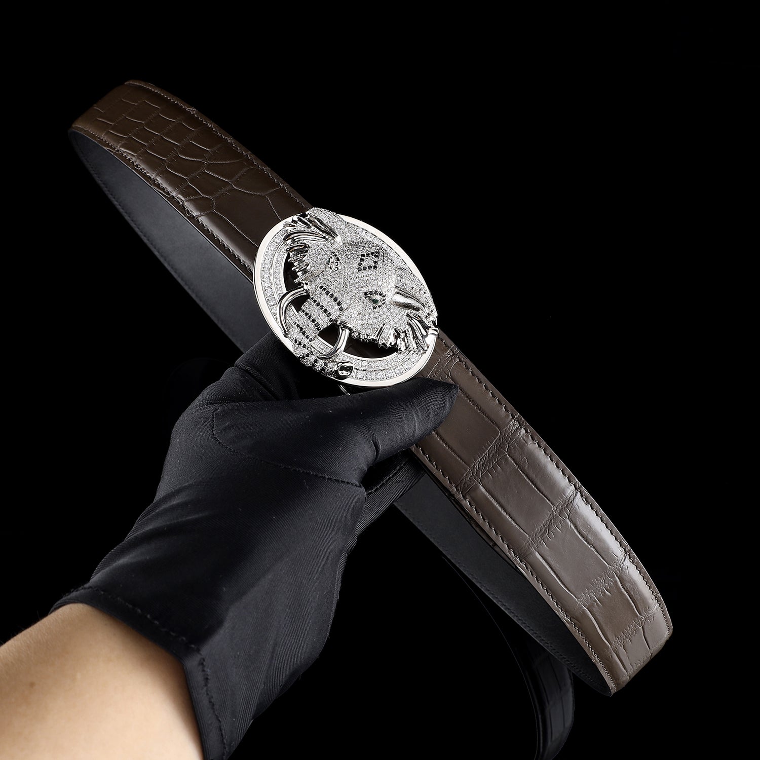 BELTLEY Espresso Crocodile Leather Belt with Sculpted Elephant Buckle