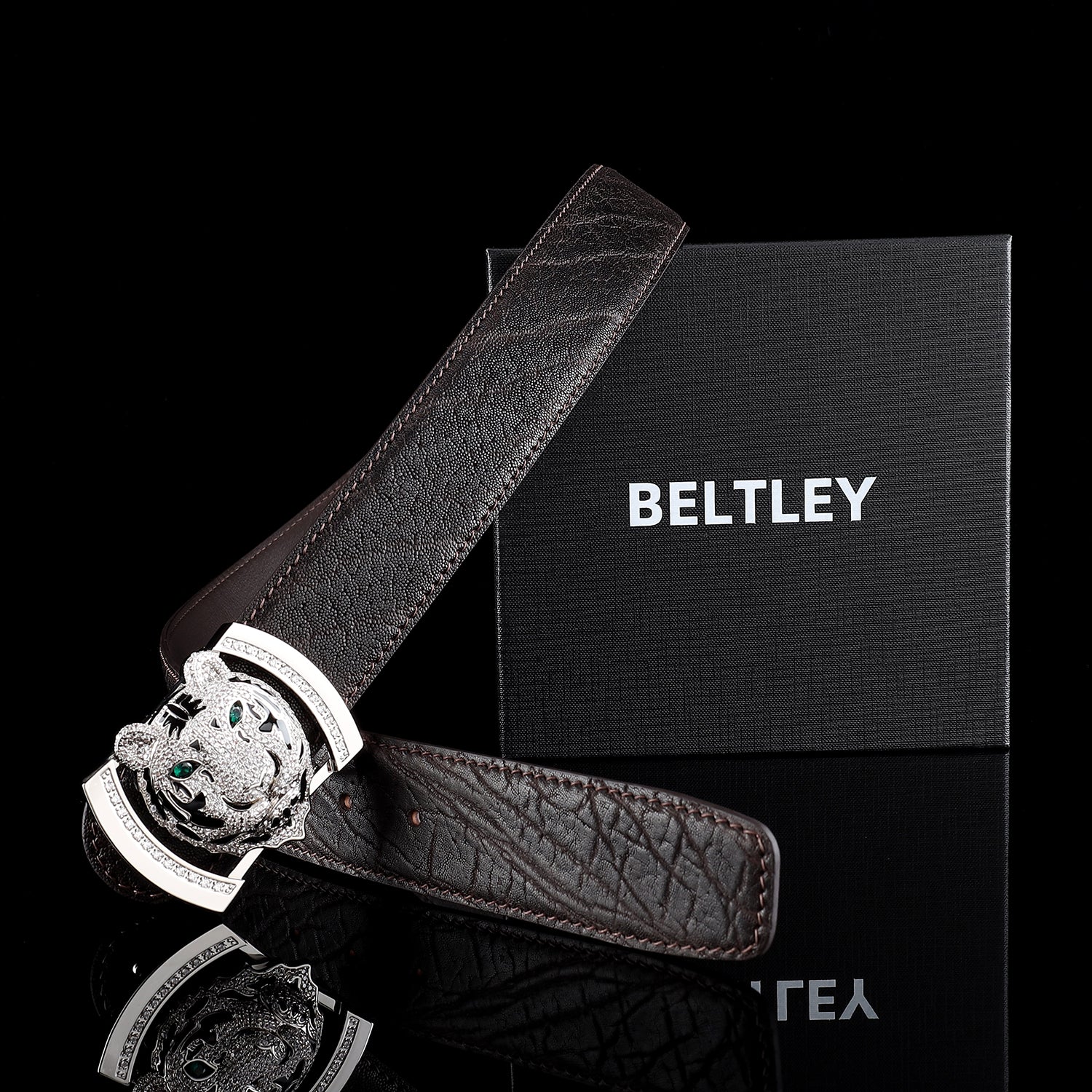BELTLEY  Espresso Elephant Skin Belt With 3D Silver Tiger Buckle
