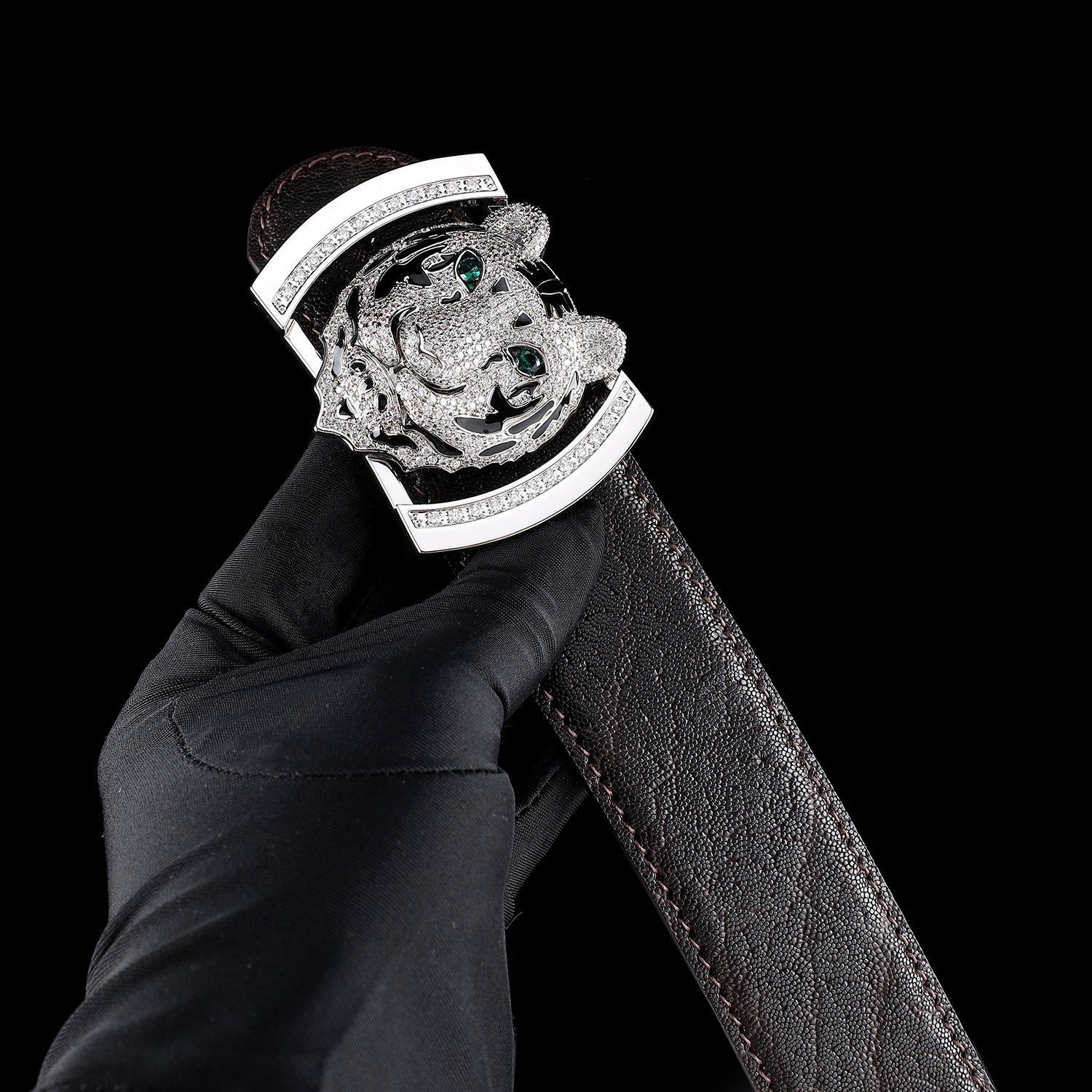 BELTLEY  Espresso Elephant Skin Belt With 3D Silver Tiger Buckle