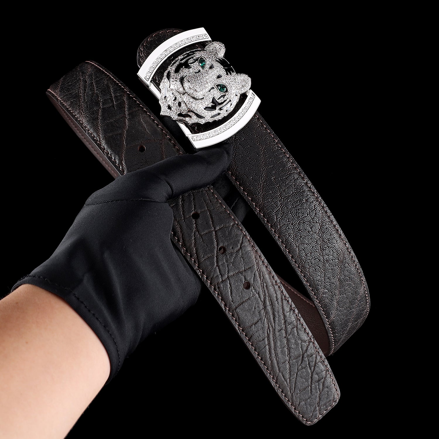 BELTLEY  Espresso Elephant Skin Belt With 3D Silver Tiger Buckle