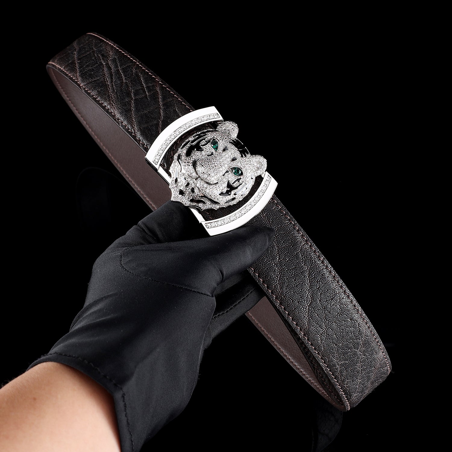 BELTLEY  Espresso Elephant Skin Belt With 3D Silver Tiger Buckle