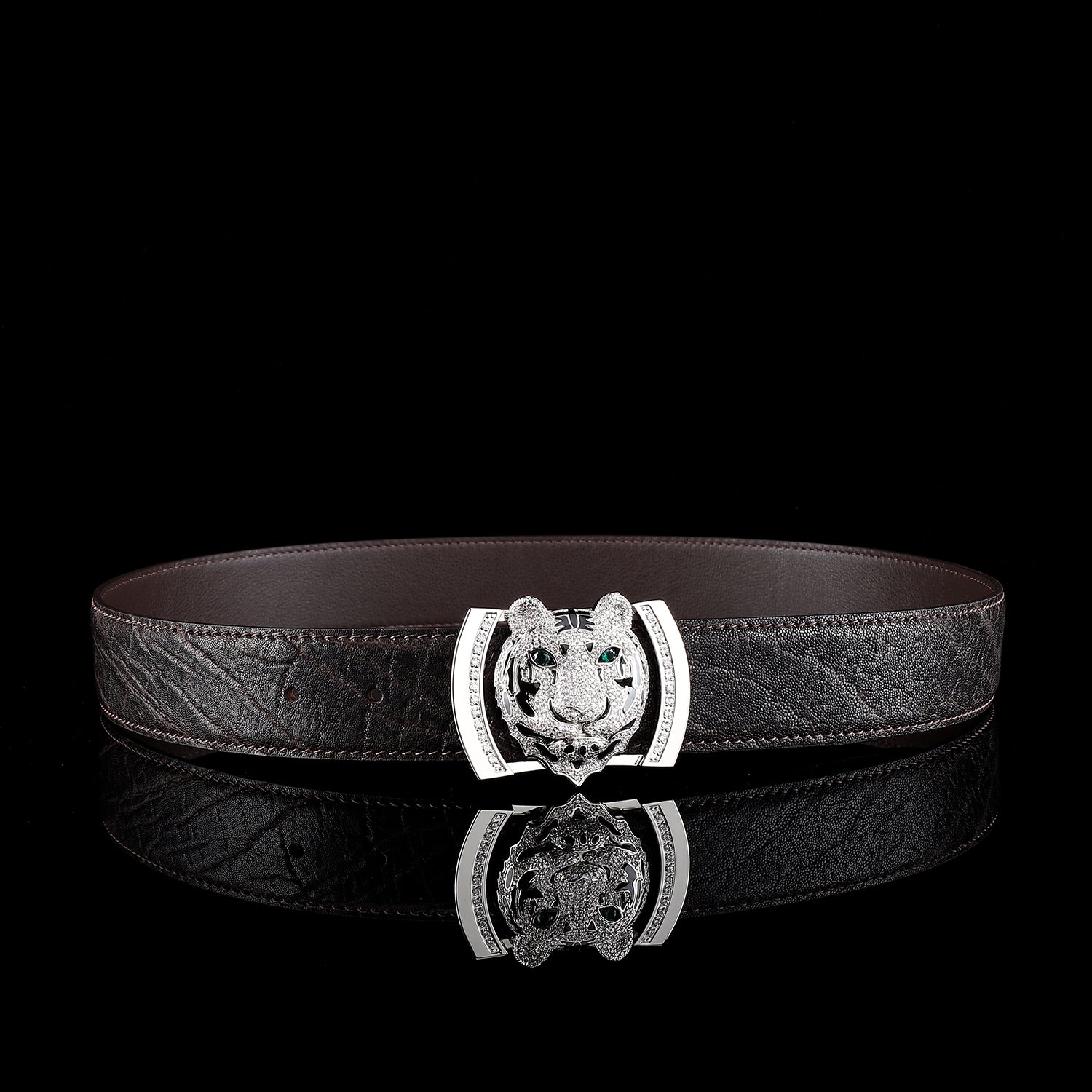 BELTLEY  Espresso Elephant Skin Belt With 3D Silver Tiger Buckle
