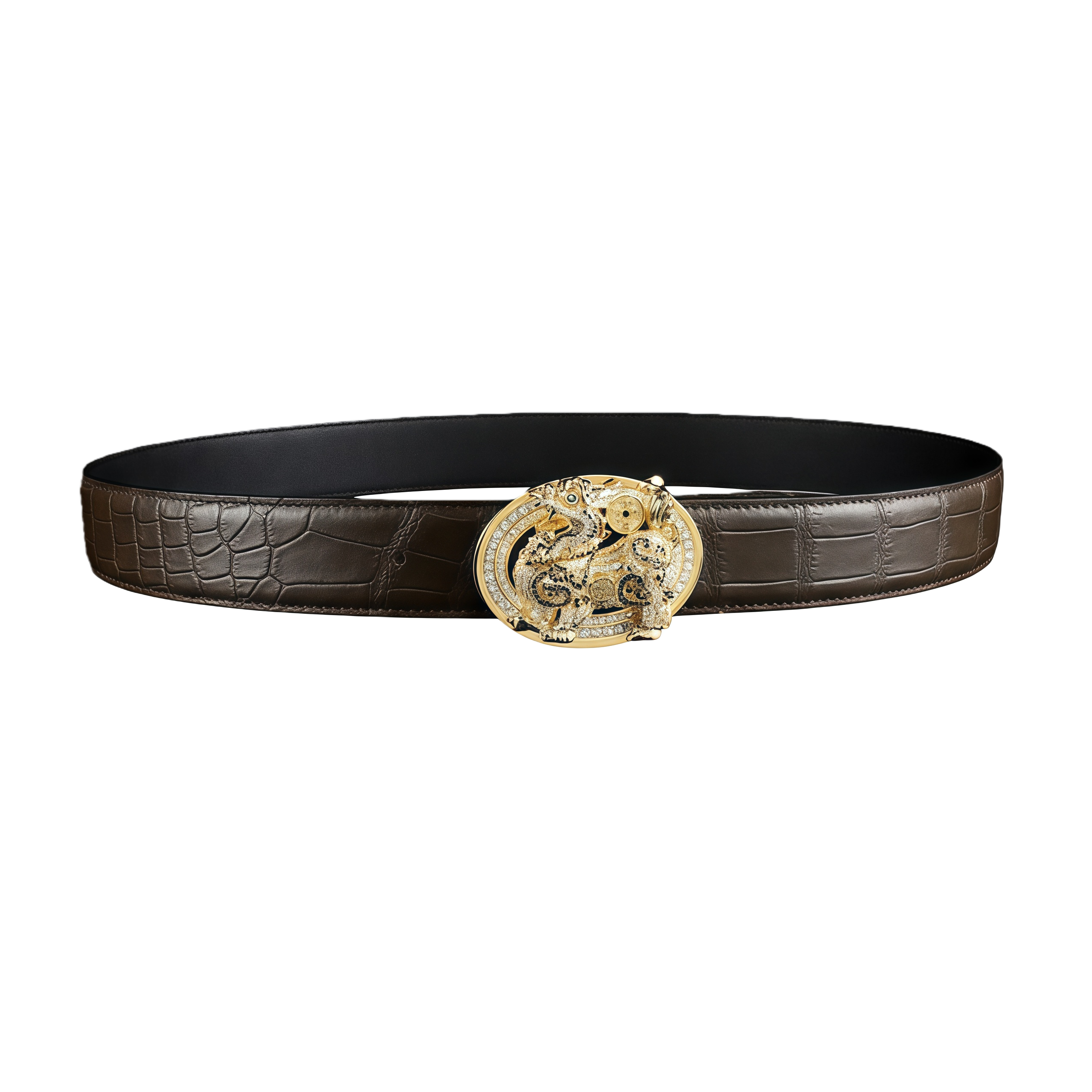 BELTLEY Espresso Men’s Crocodile Leather Belt With Unique Qilin Buckle