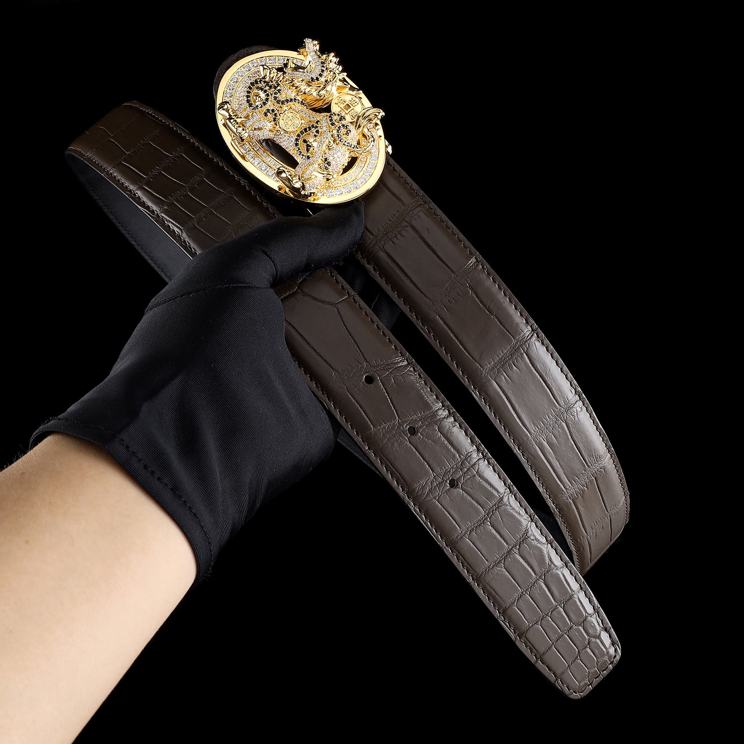 BELTLEY Espresso Men’s Crocodile Leather Belt With Unique Qilin Buckle