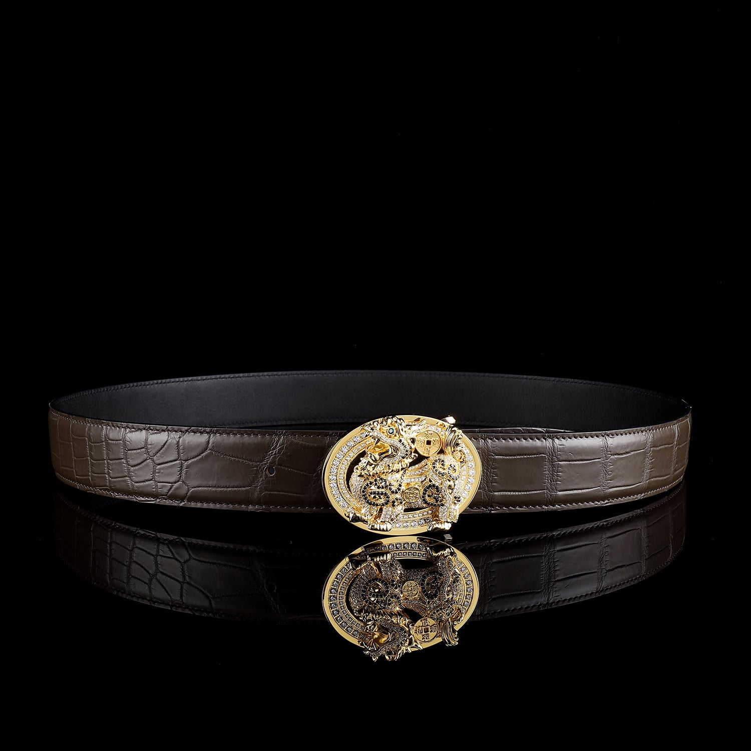 BELTLEY Espresso Men’s Crocodile Leather Belt With Unique Qilin Buckle