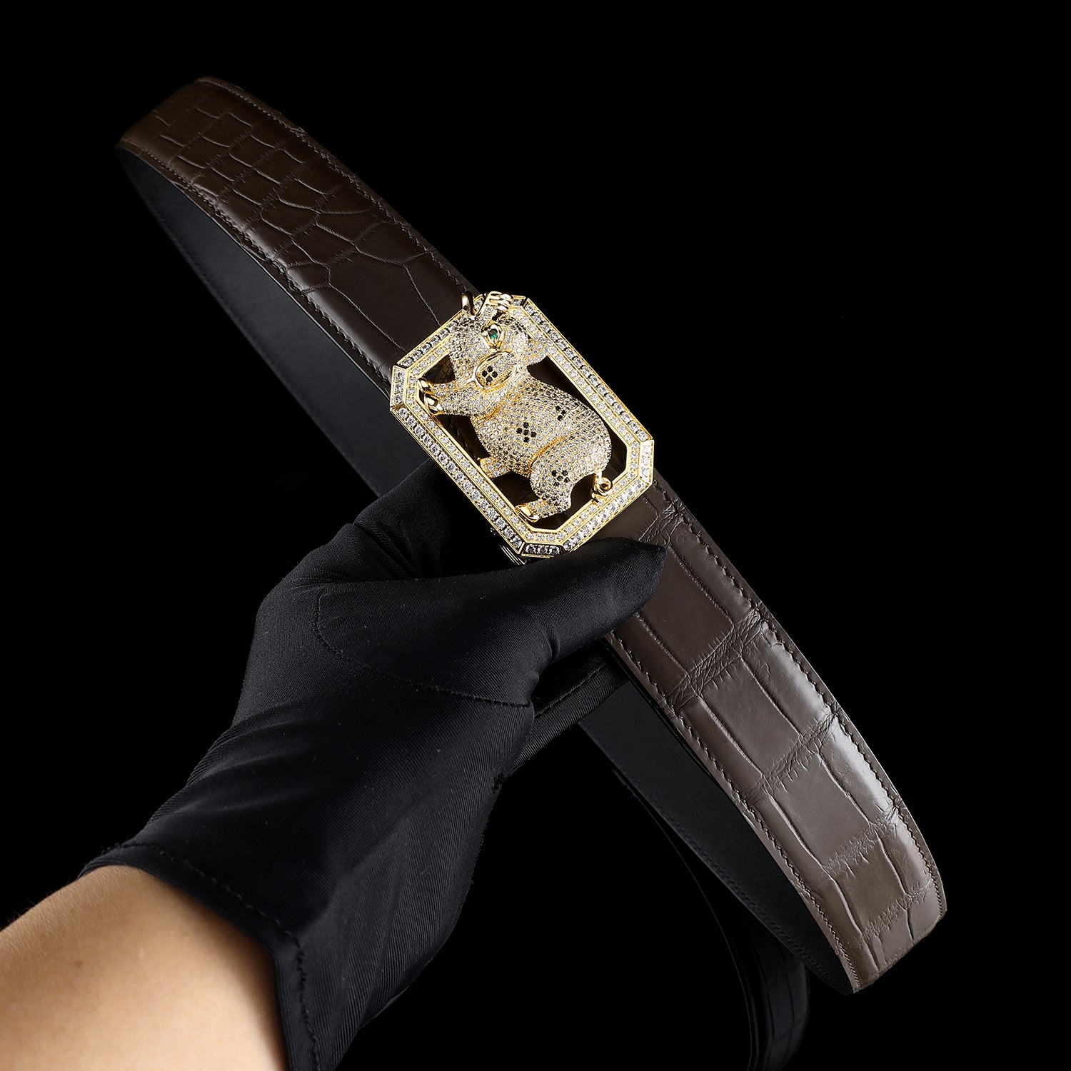 BELTLEY Espresso Real Crocodile Belt With Pig Buckle