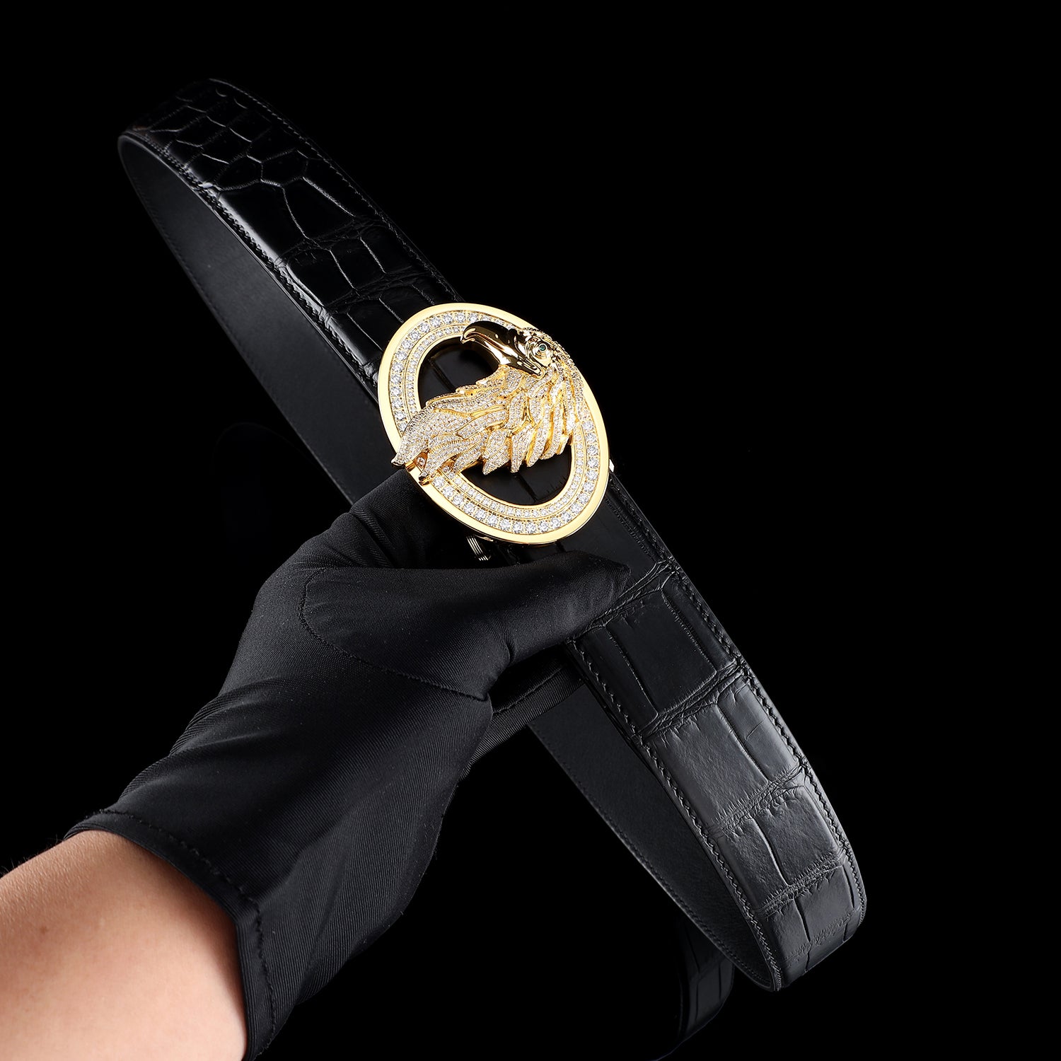 BELTLEY Executive Gold Eagle Buckle- Black Real Crocodile Leather Belt