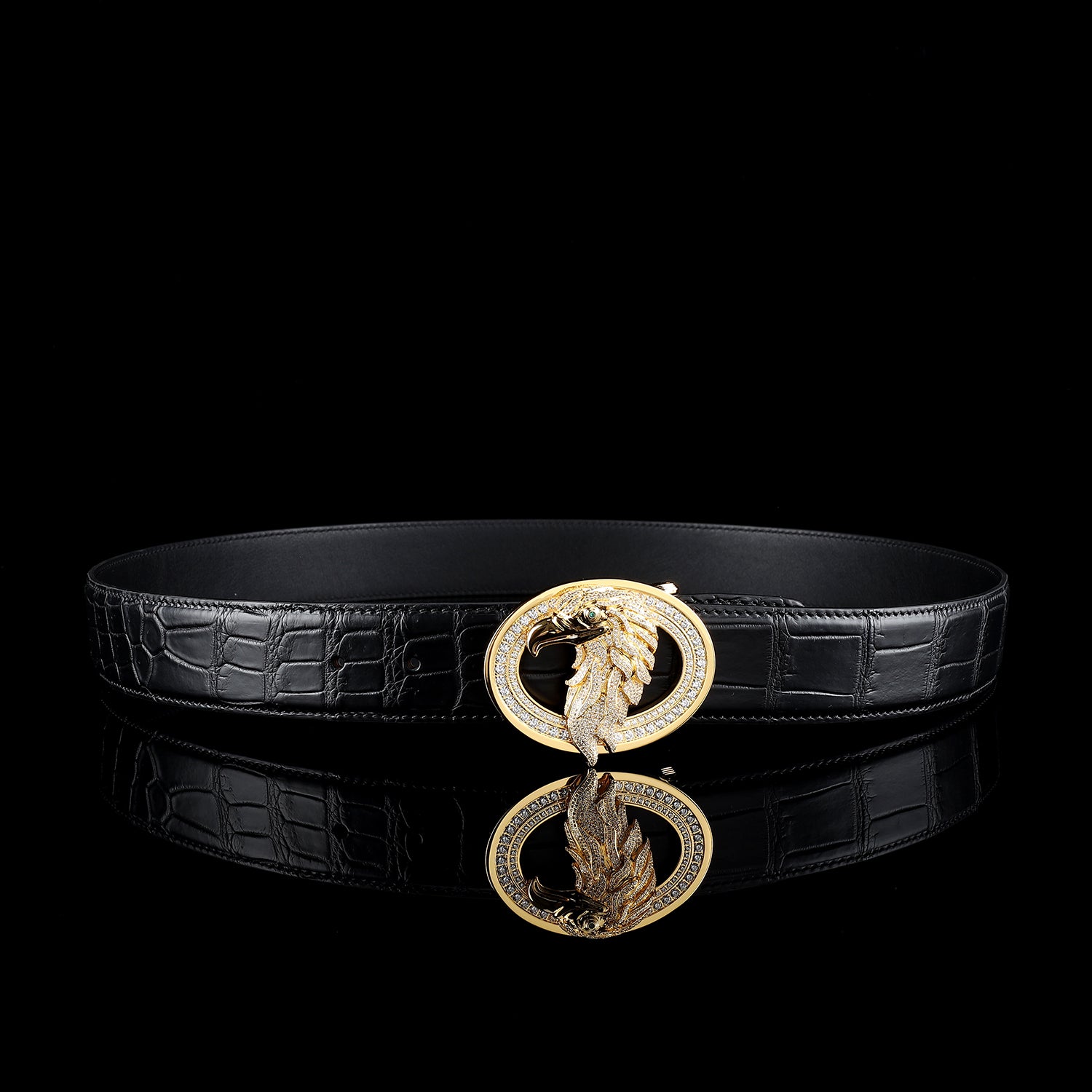 BELTLEY Executive Gold Eagle Buckle- Black Real Crocodile Leather Belt
