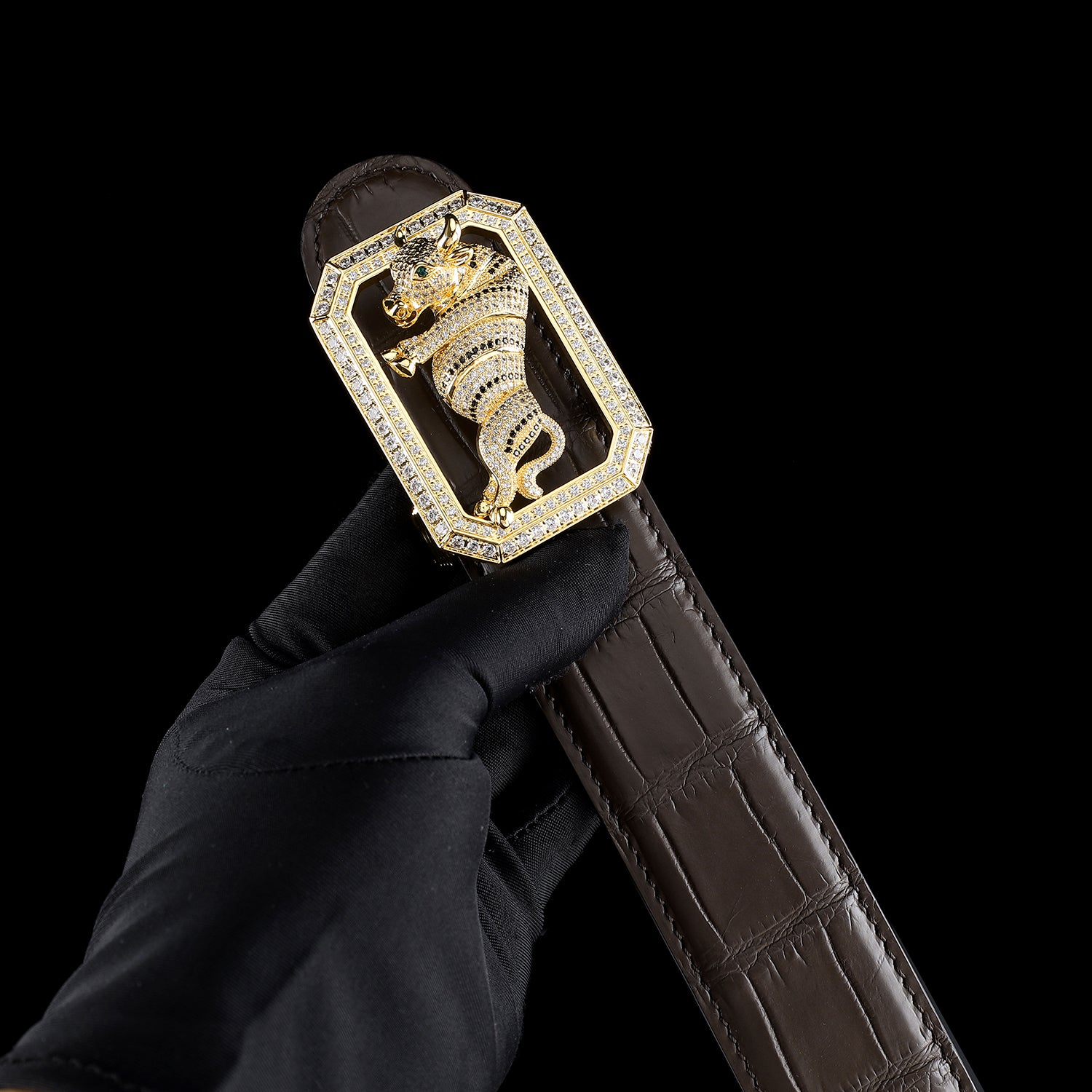 BELTLEY Exotic Crocodile Skin Espresso Belt With Bull Buckle