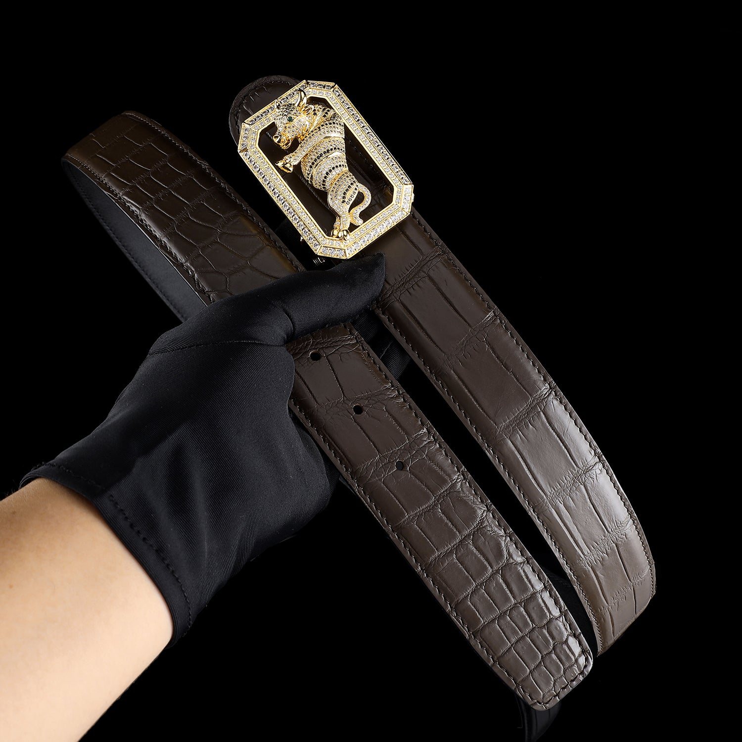 BELTLEY Exotic Crocodile Skin Espresso Belt With Bull Buckle