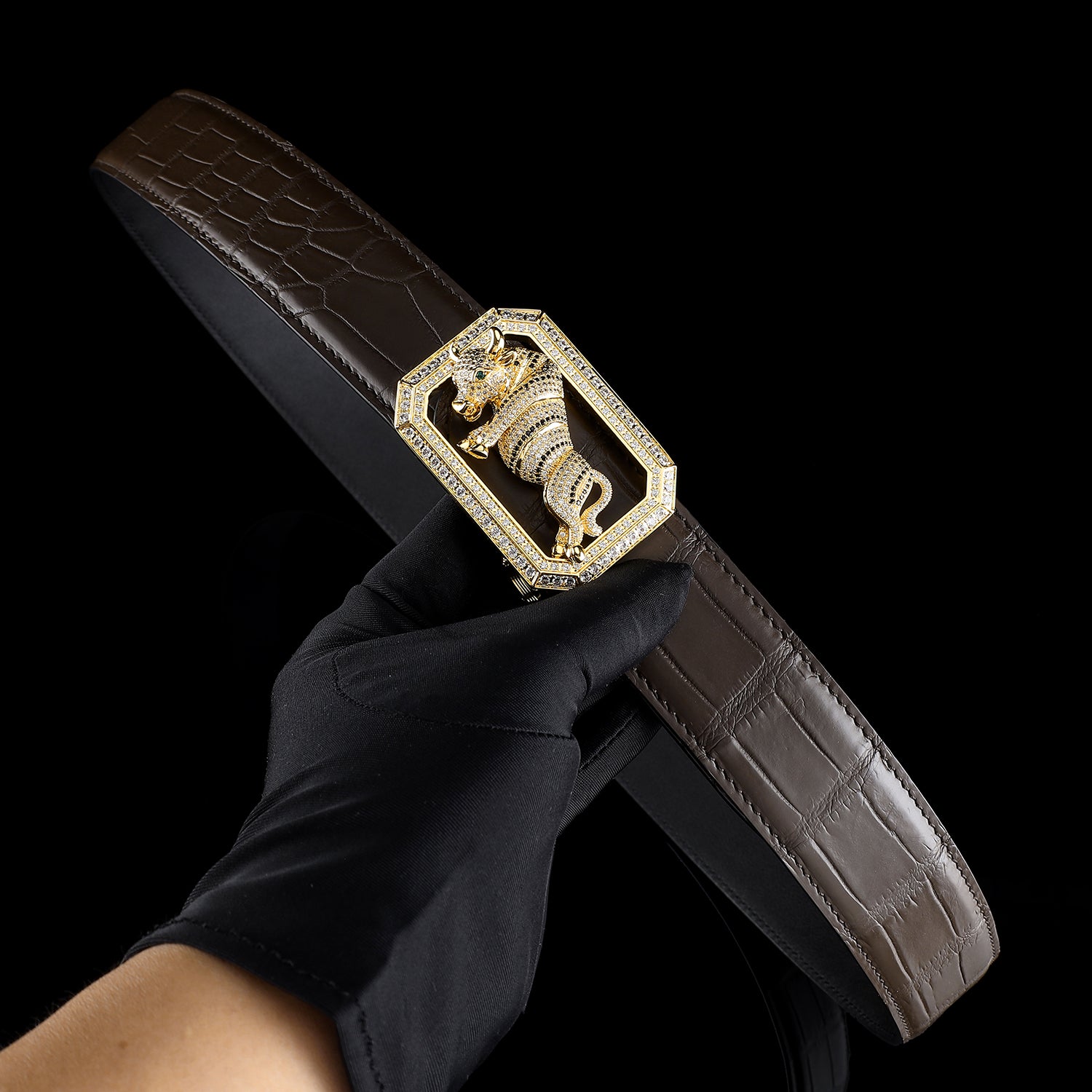 BELTLEY Exotic Crocodile Skin Espresso Belt With Bull Buckle