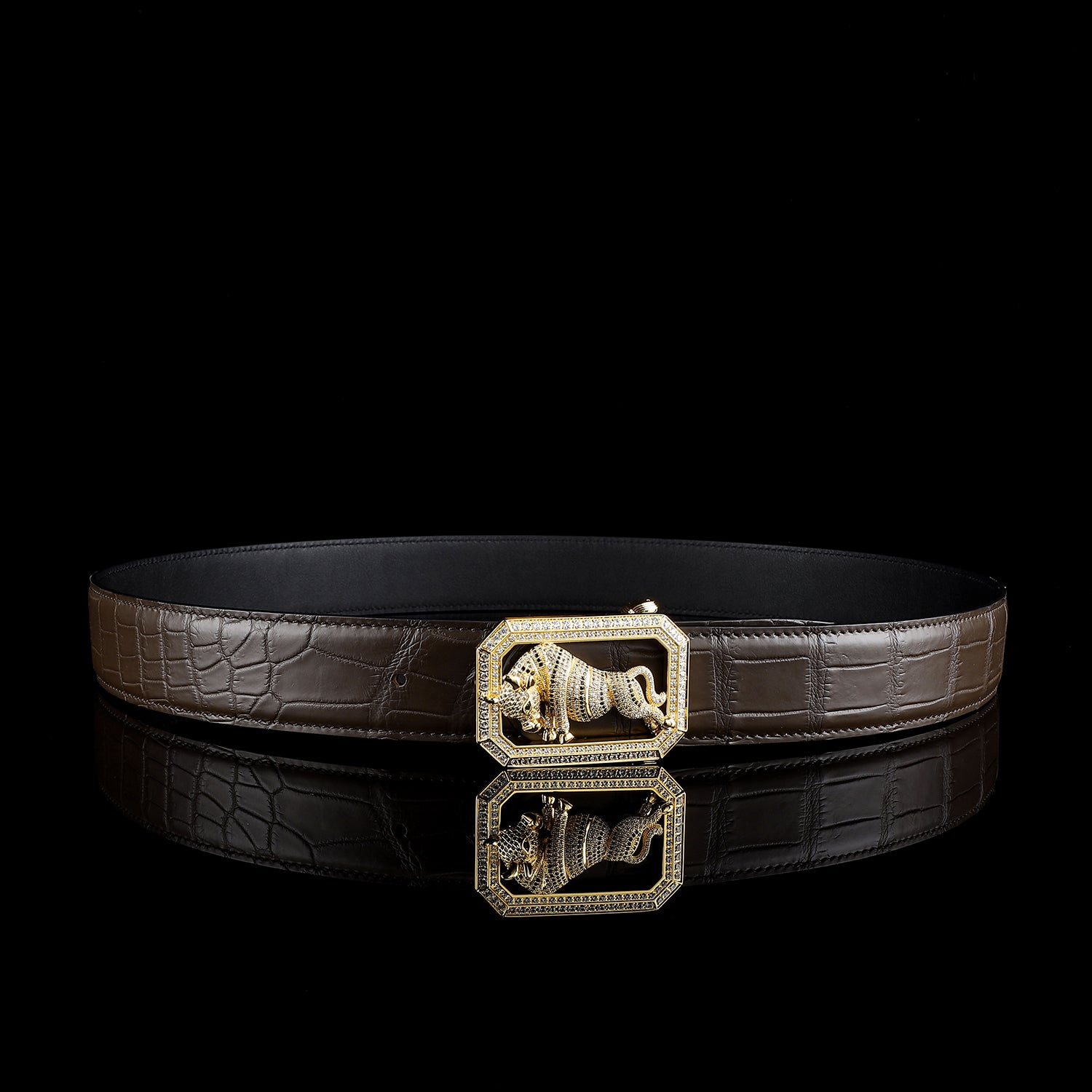 BELTLEY Exotic Crocodile Skin Espresso Belt With Bull Buckle