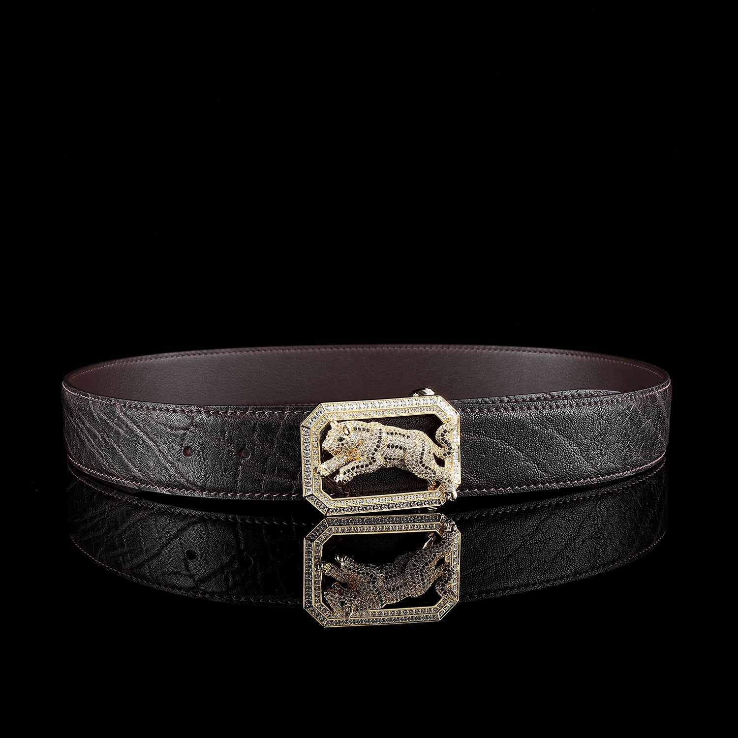 BELTLEY Exotic Elephant Hide Belt With Dog Buckle For Men – Espresso Brown