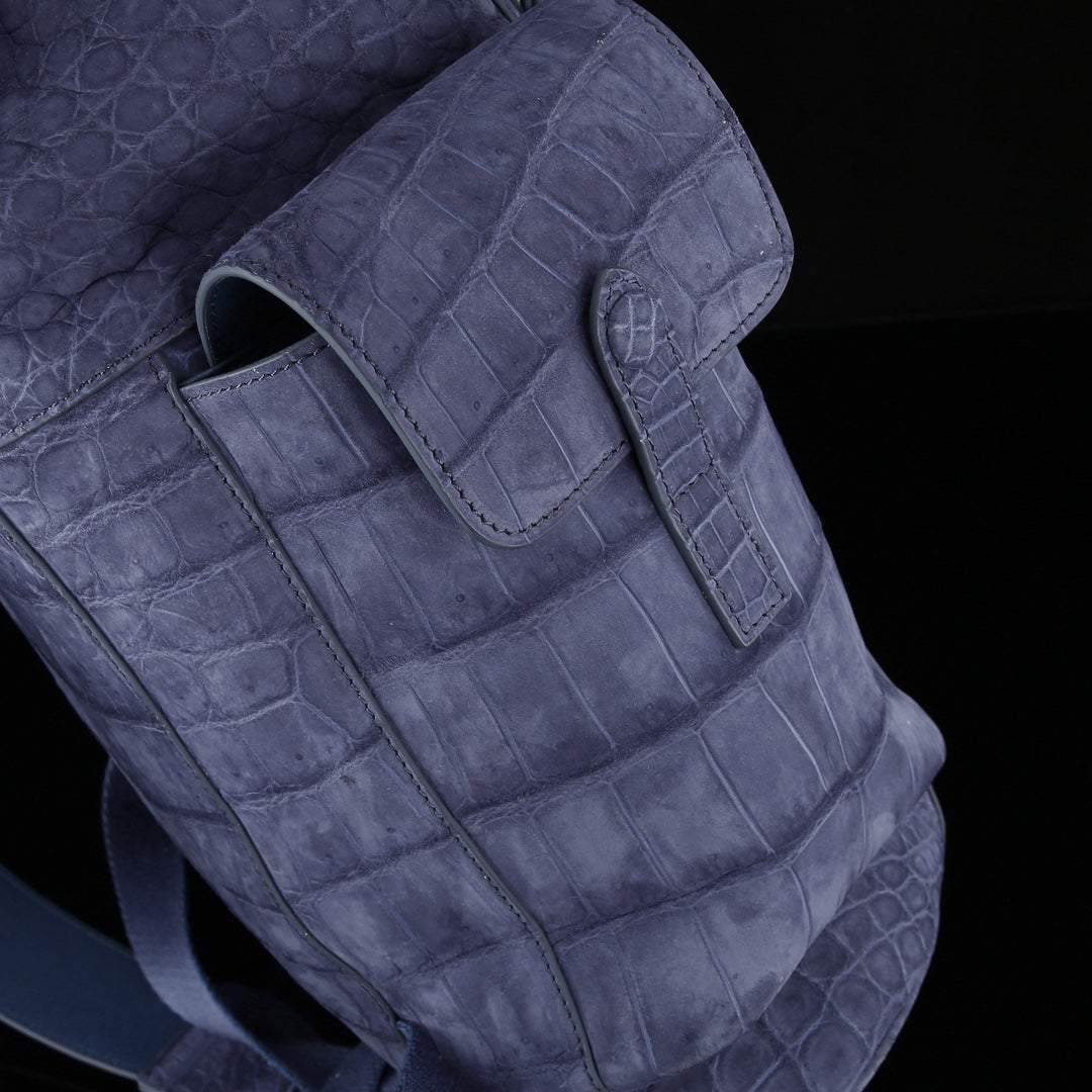 BELTLEY Explorer: Sueded Slate Blue Nile Crocodile Backpack