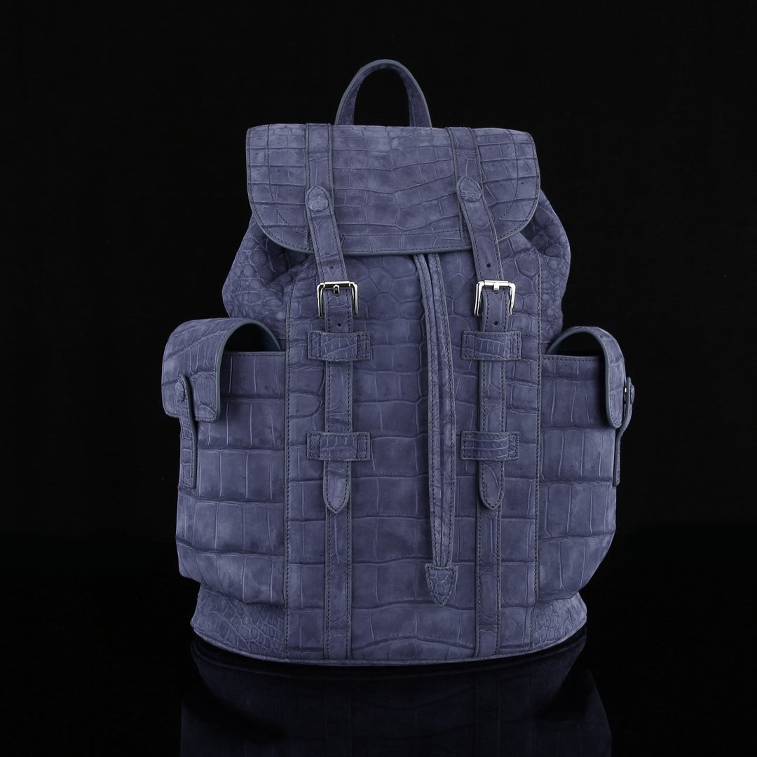 BELTLEY Explorer: Sueded Slate Blue Nile Crocodile Backpack