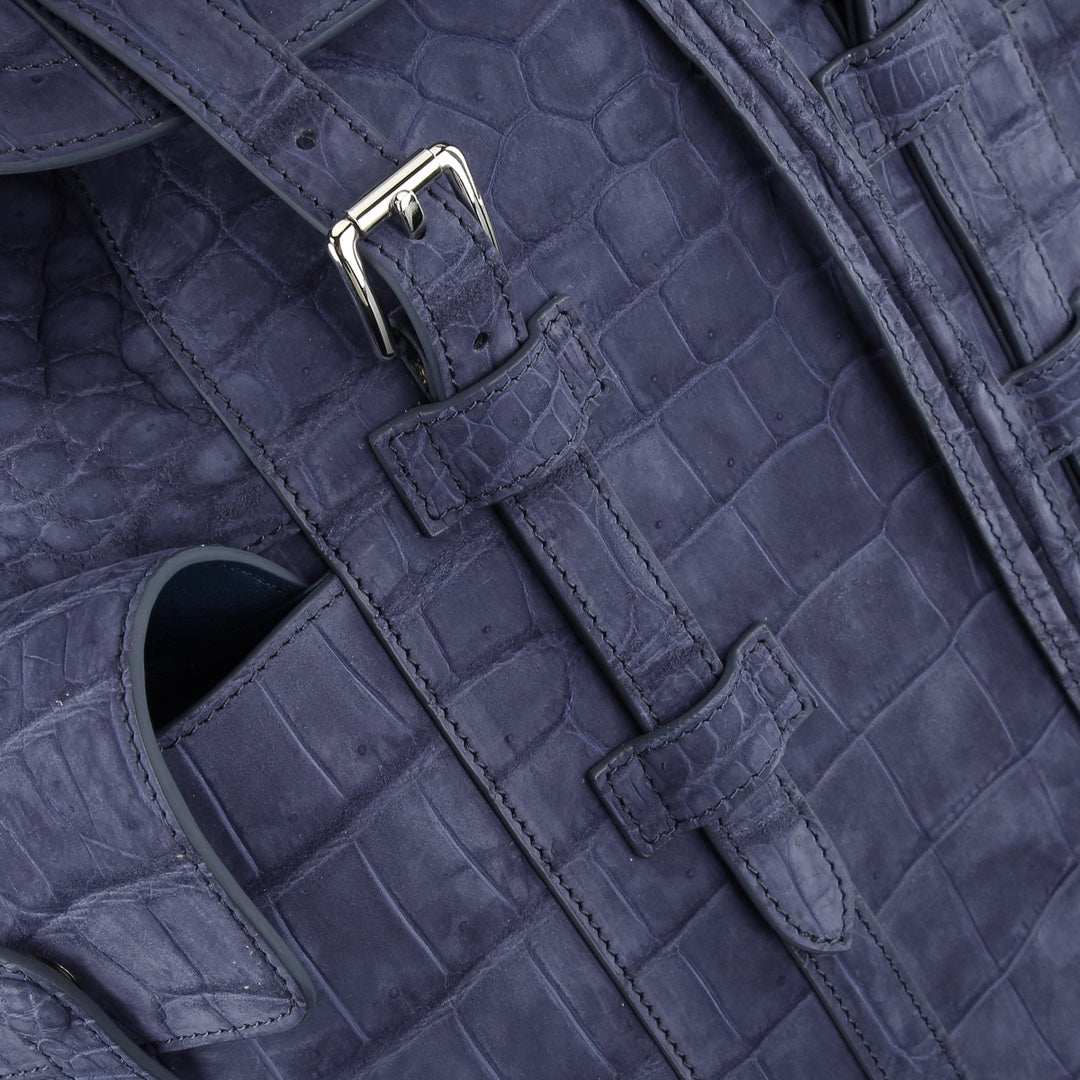 BELTLEY Explorer: Sueded Slate Blue Nile Crocodile Backpack