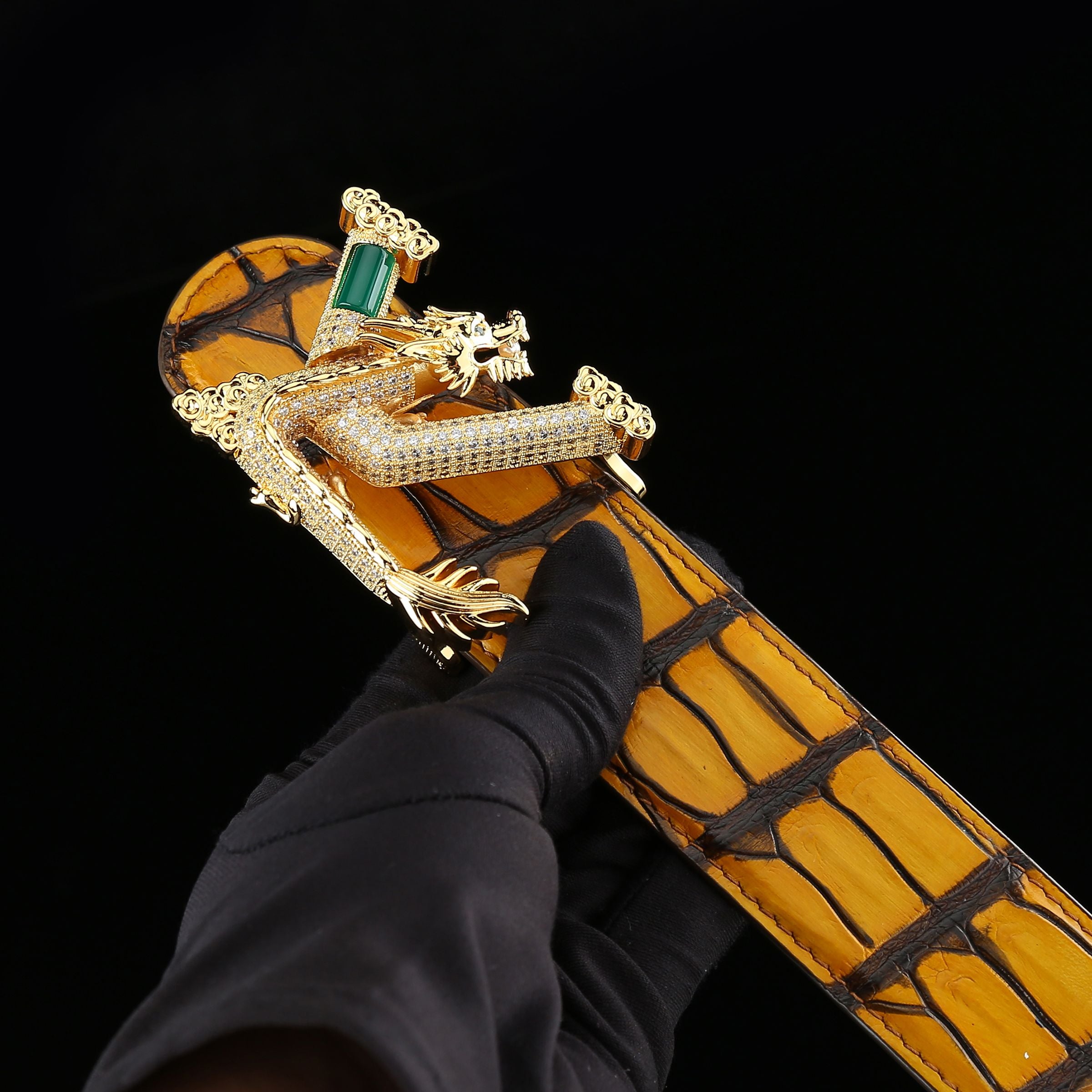 French Patina Orange Crocodile Leather Belt 1.5" –3D Dragon Buckle — reverse side | BELTLEY