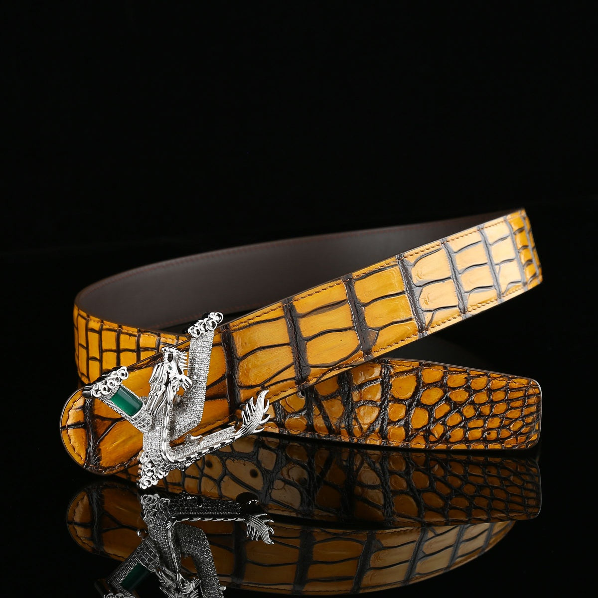 French Patina Orange Crocodile Leather Belt 1.5" –3D Dragon Buckle — detail close-up | BELTLEY