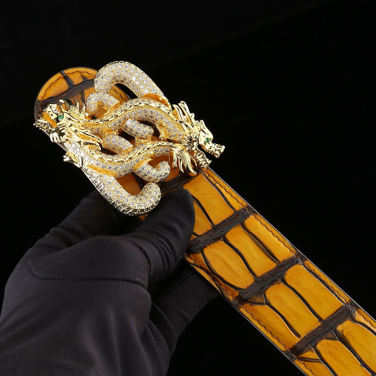 BELTLEY French Patina Nile Crocodile Belt — Dragon Signature Buckle (Yellow)