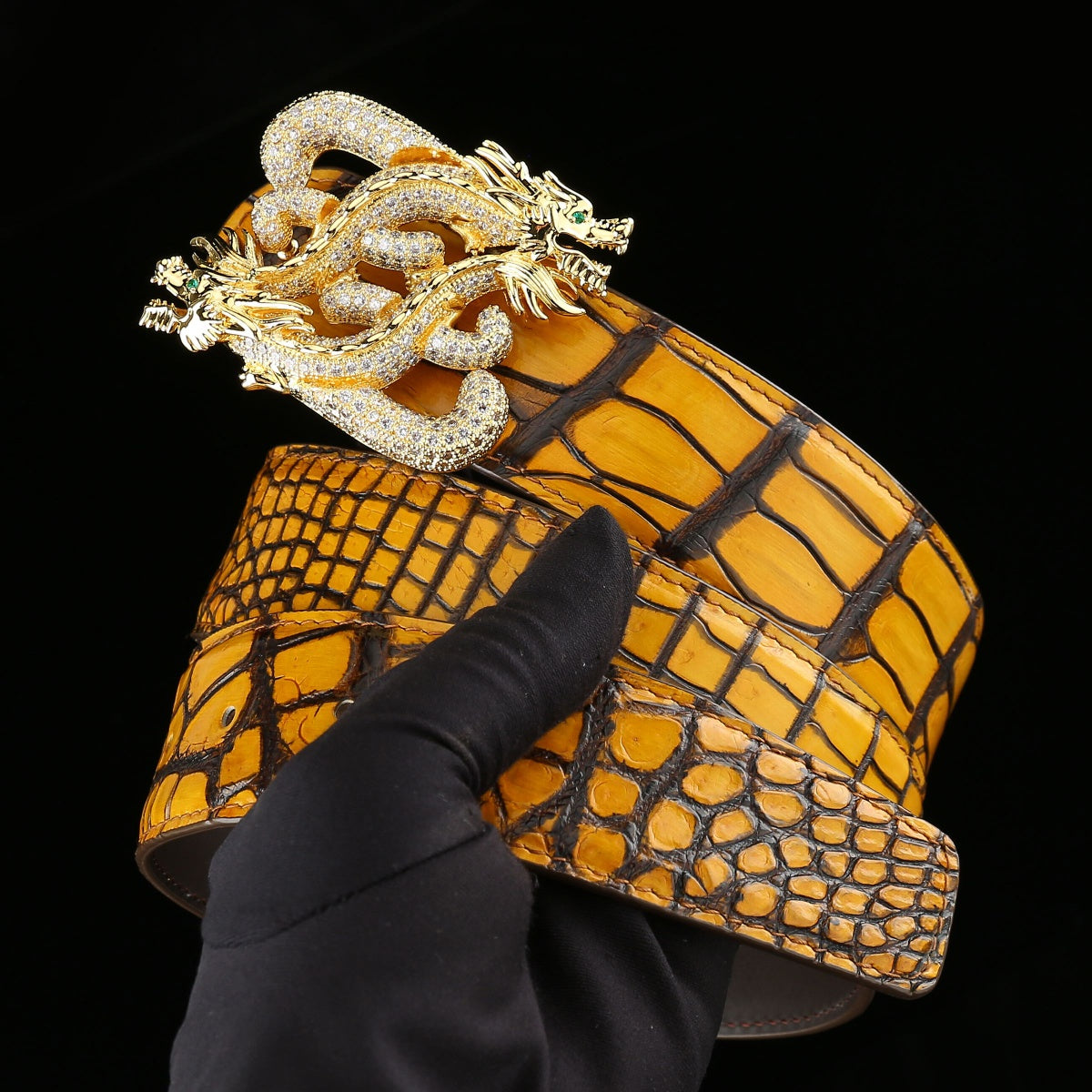 BELTLEY French Patina Nile Crocodile Belt — Dragon Signature Buckle (Yellow)