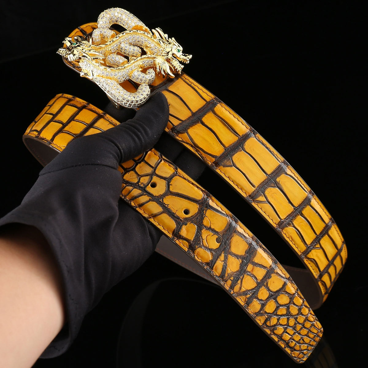 BELTLEY French Patina Nile Crocodile Belt — Dragon Signature Buckle (Yellow)