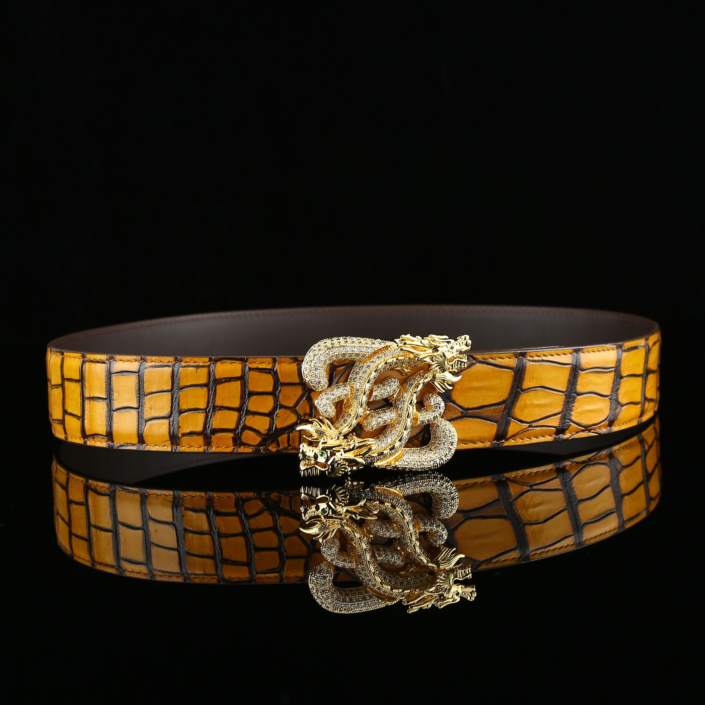 BELTLEY French Patina Nile Crocodile Belt — Dragon Signature Buckle (Yellow)