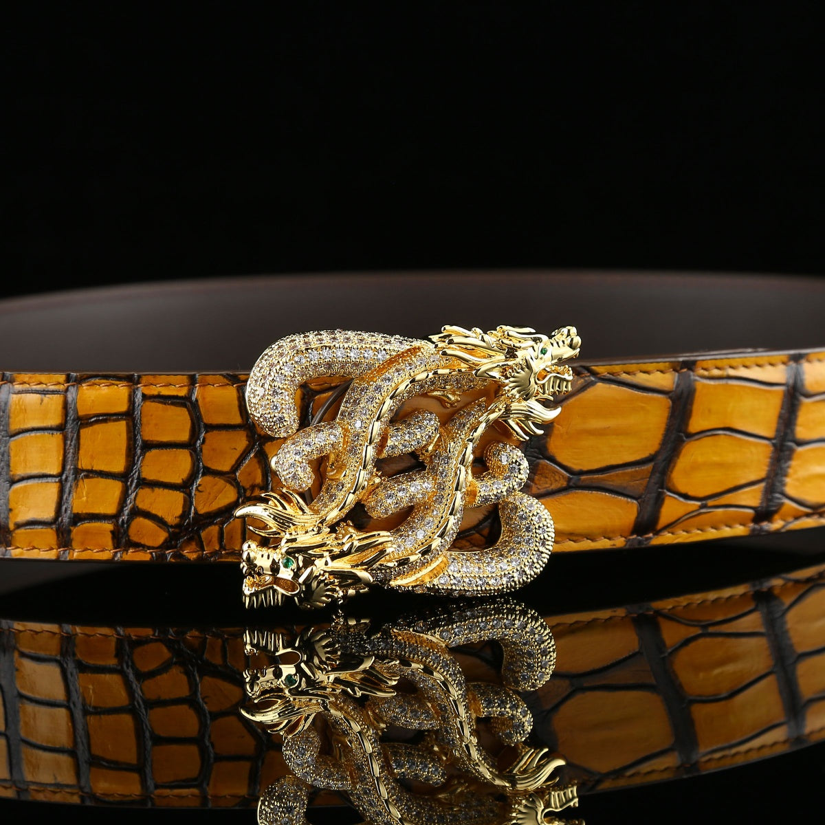 BELTLEY French Patina Nile Crocodile Belt — Dragon Signature Buckle (Yellow)