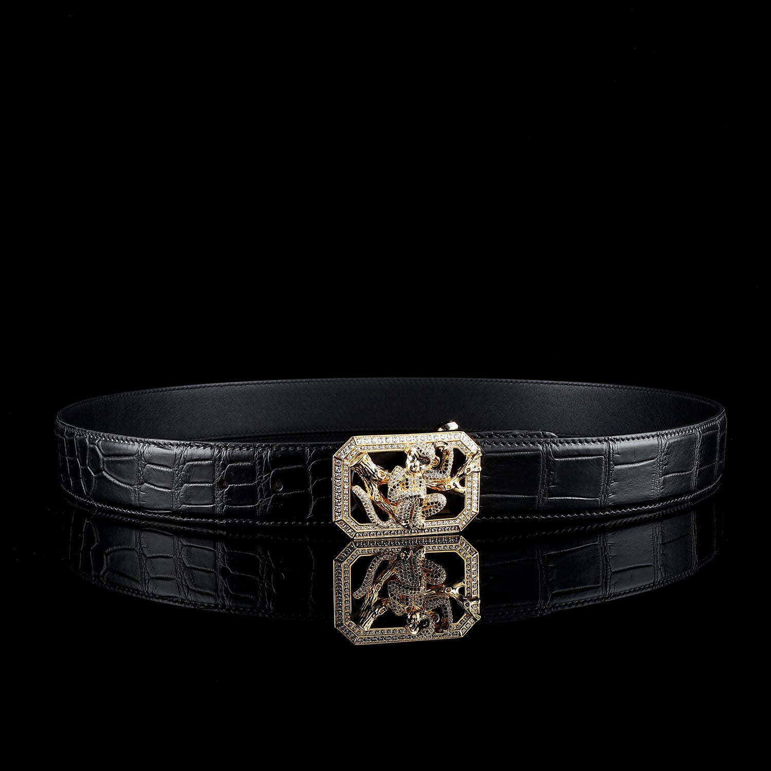 BELTLEY Genuine Black Crocodile Belt with Monkey Buckle For Men