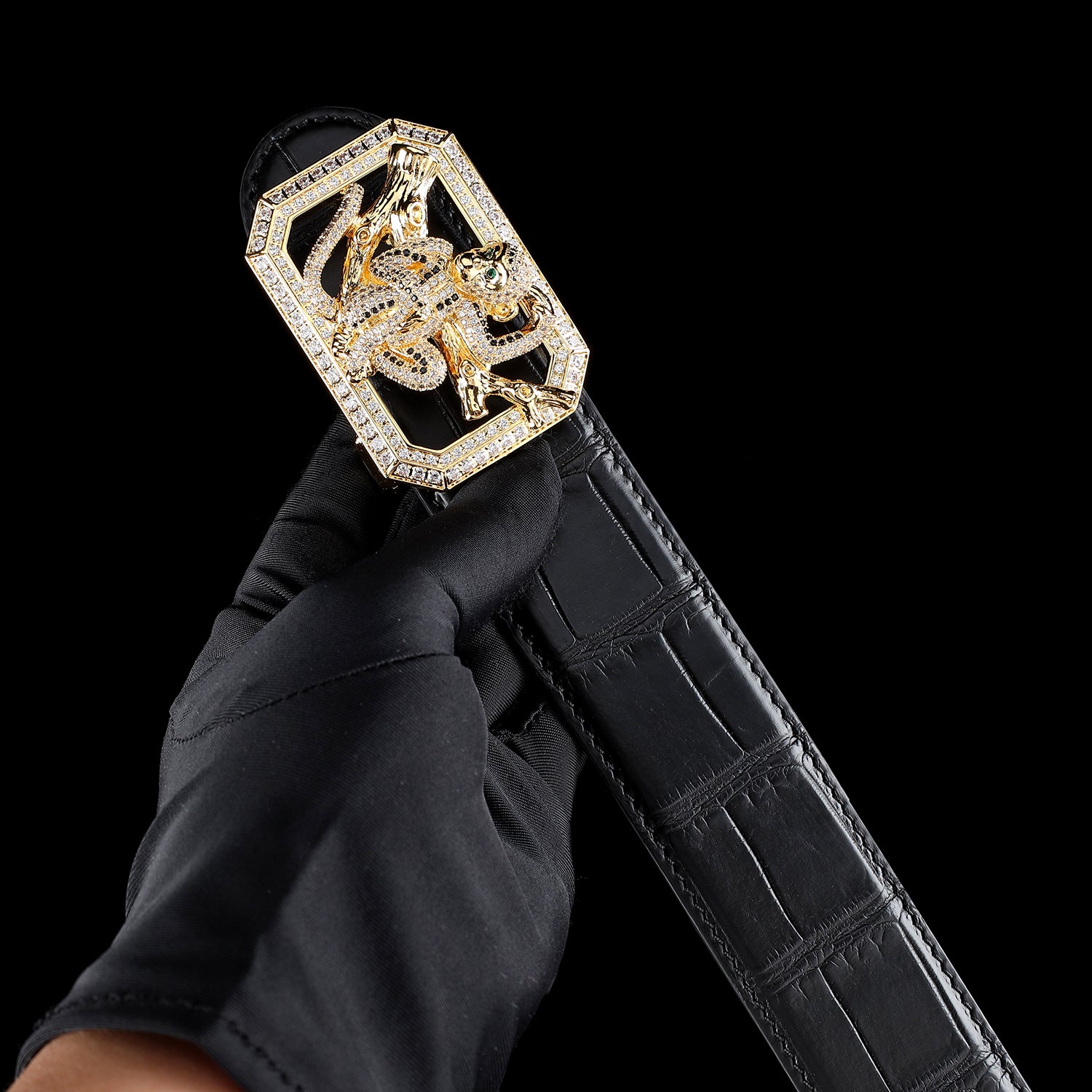 BELTLEY Genuine Black Crocodile Belt with Monkey Buckle For Men