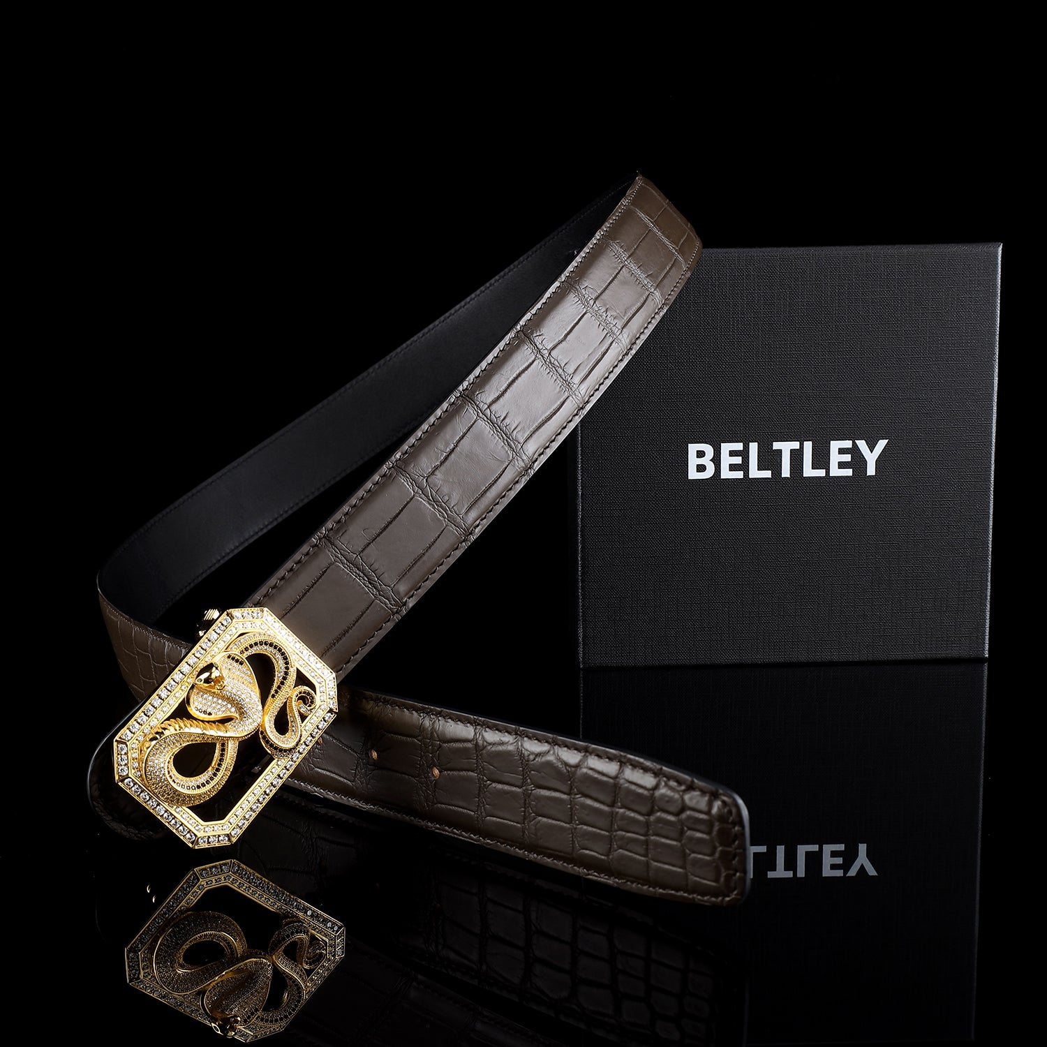 BELTLEY Genuine Crocodile Leather Snake Buckle Belt