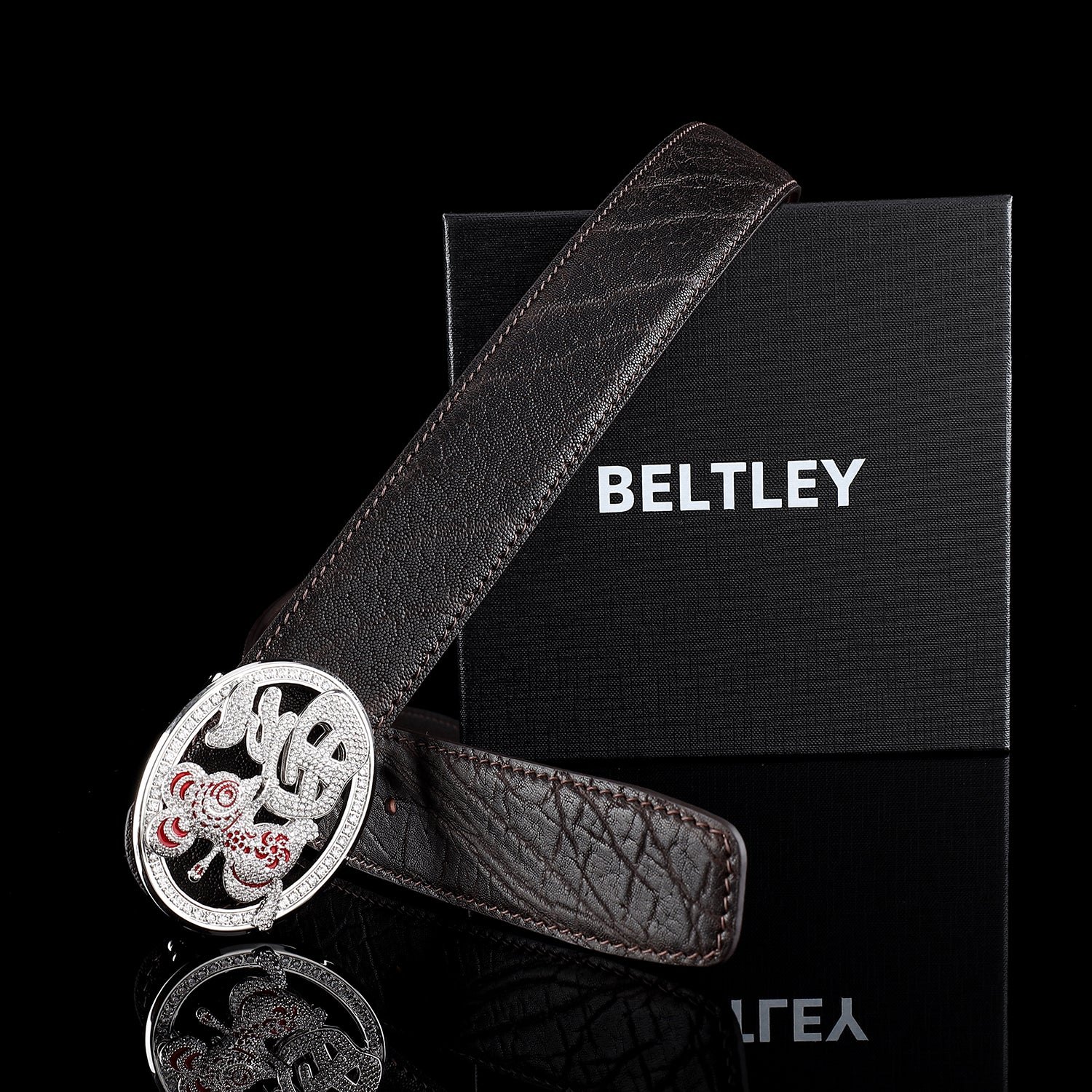 BELTLEY Genuine Elephant Belt – Espresso Brown with Fortune Rat