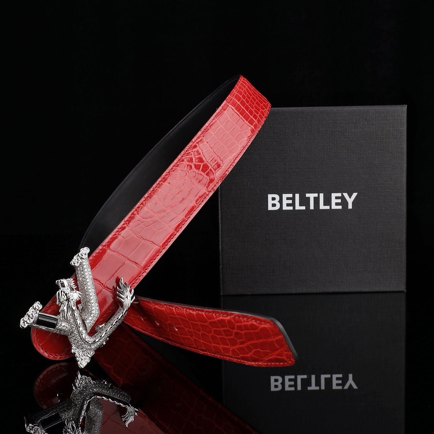 BELTLEY Glazed Imperial Ruby Red Crocodile Leather Belt – Premium Dragon Buckle