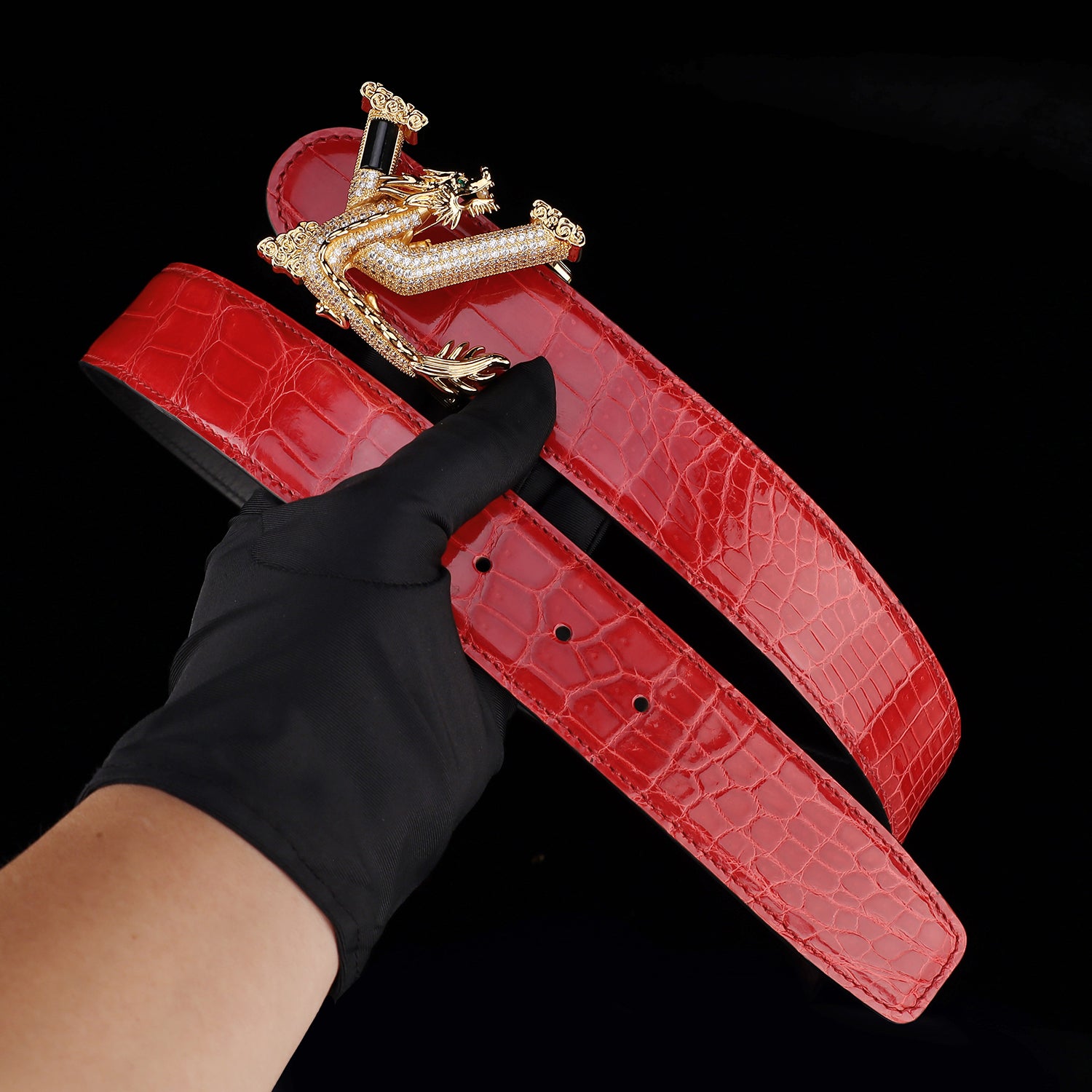 BELTLEY Glazed Imperial Ruby Red Crocodile Leather Belt – Premium Dragon Buckle