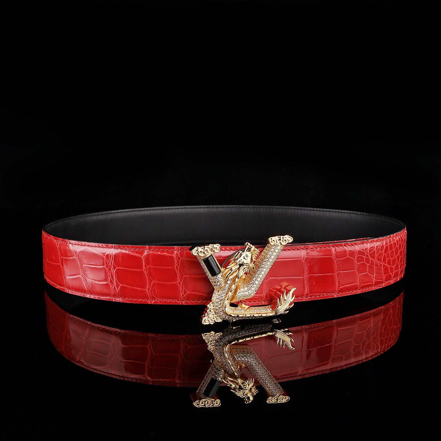 BELTLEY Glazed Imperial Ruby Red Crocodile Leather Belt – Premium Dragon Buckle