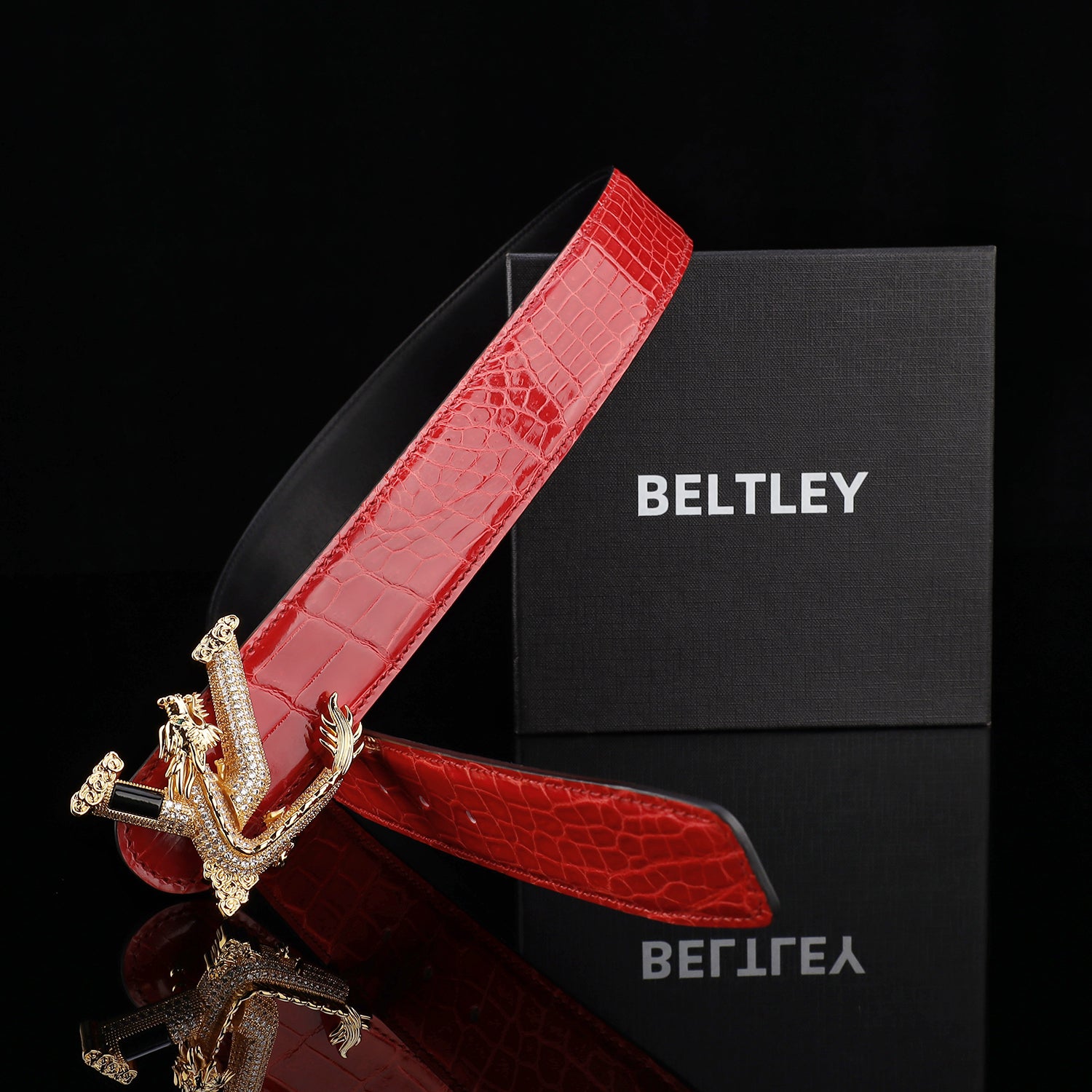 BELTLEY Glazed Imperial Ruby Red Crocodile Leather Belt – Premium Dragon Buckle