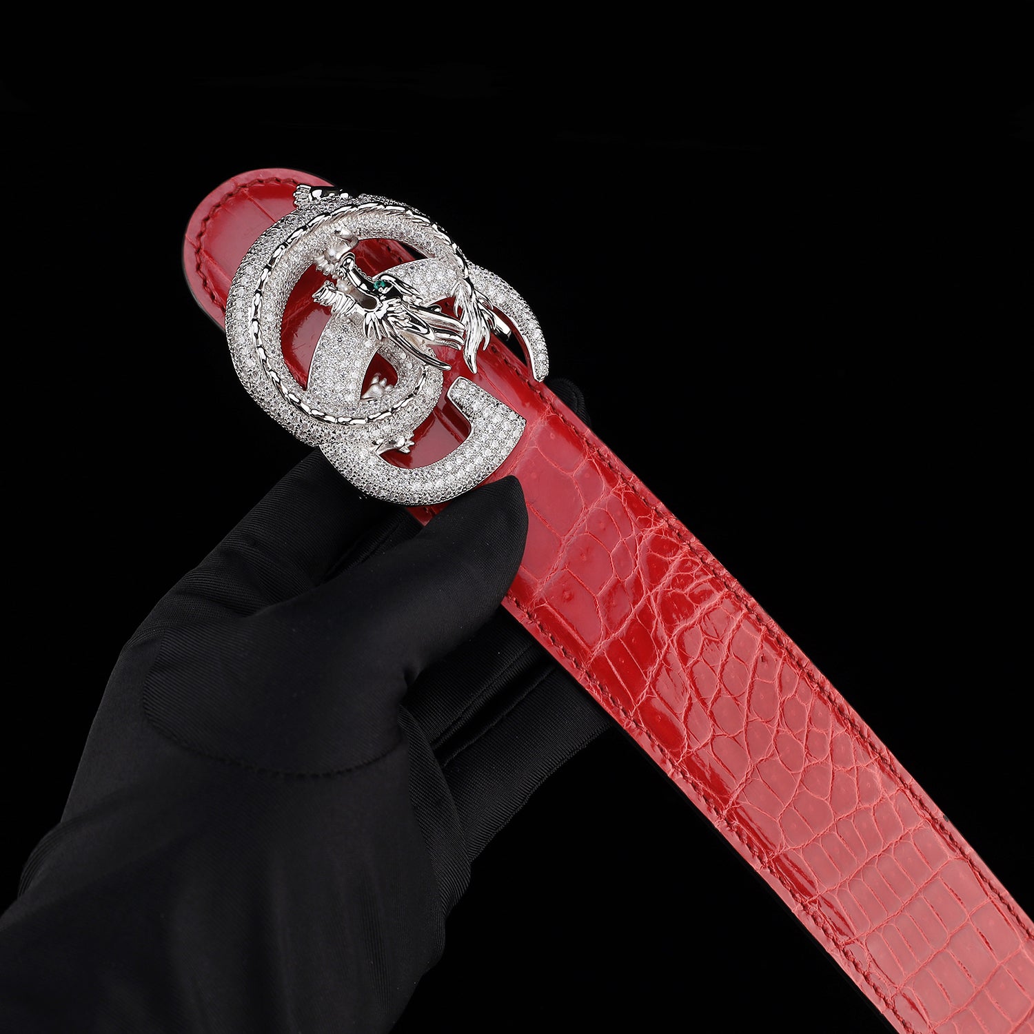 BELTLEY Glazed Red Crocodile Belt for Men with Dragon Buckle