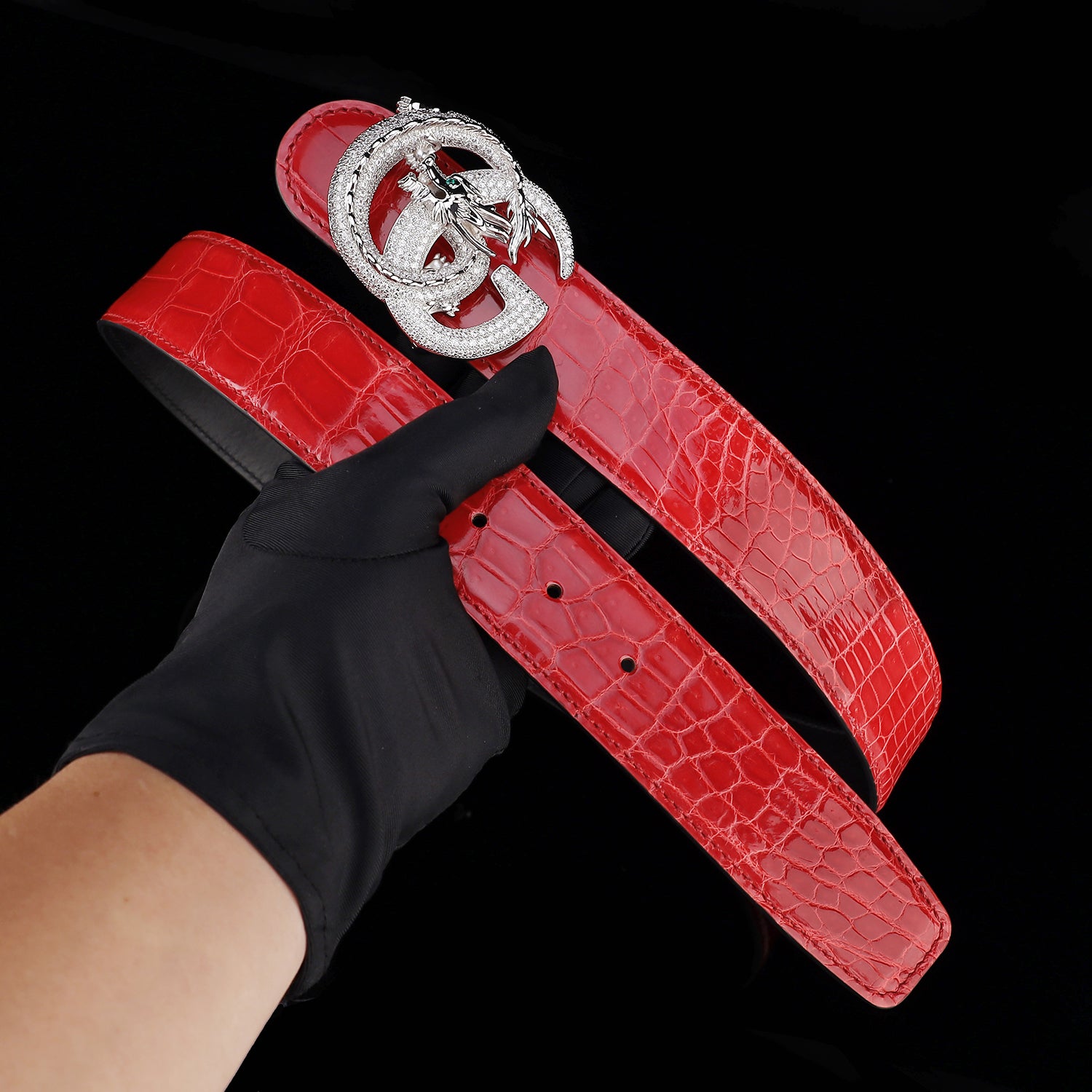 BELTLEY Glazed Red Crocodile Belt for Men with Dragon Buckle