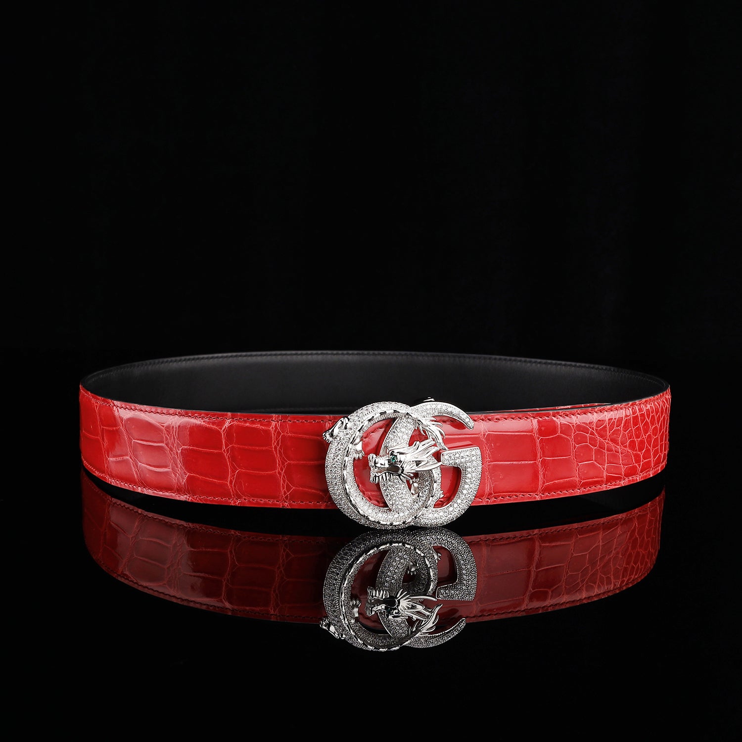 BELTLEY Glazed Red Crocodile Belt for Men with Dragon Buckle