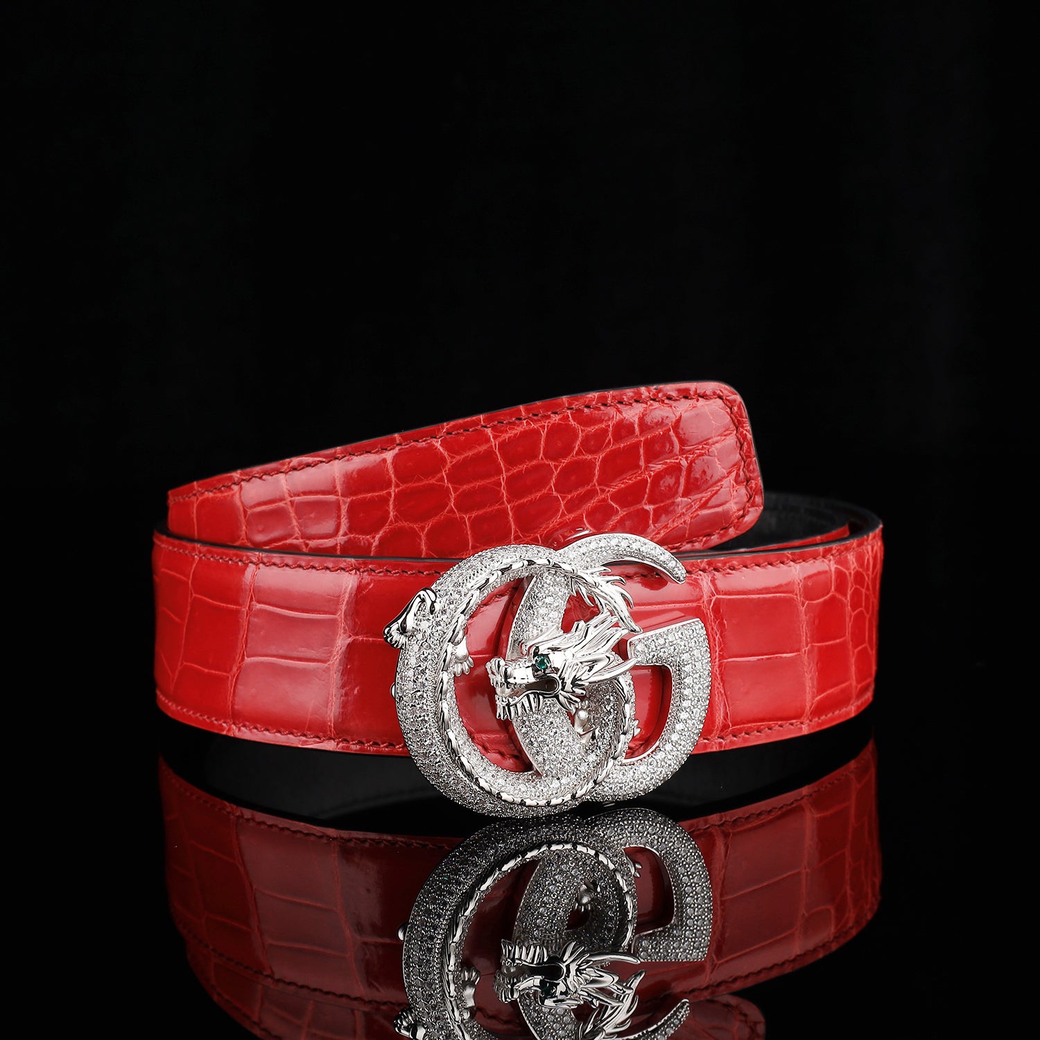 BELTLEY Glazed Red Crocodile Belt for Men with Dragon Buckle