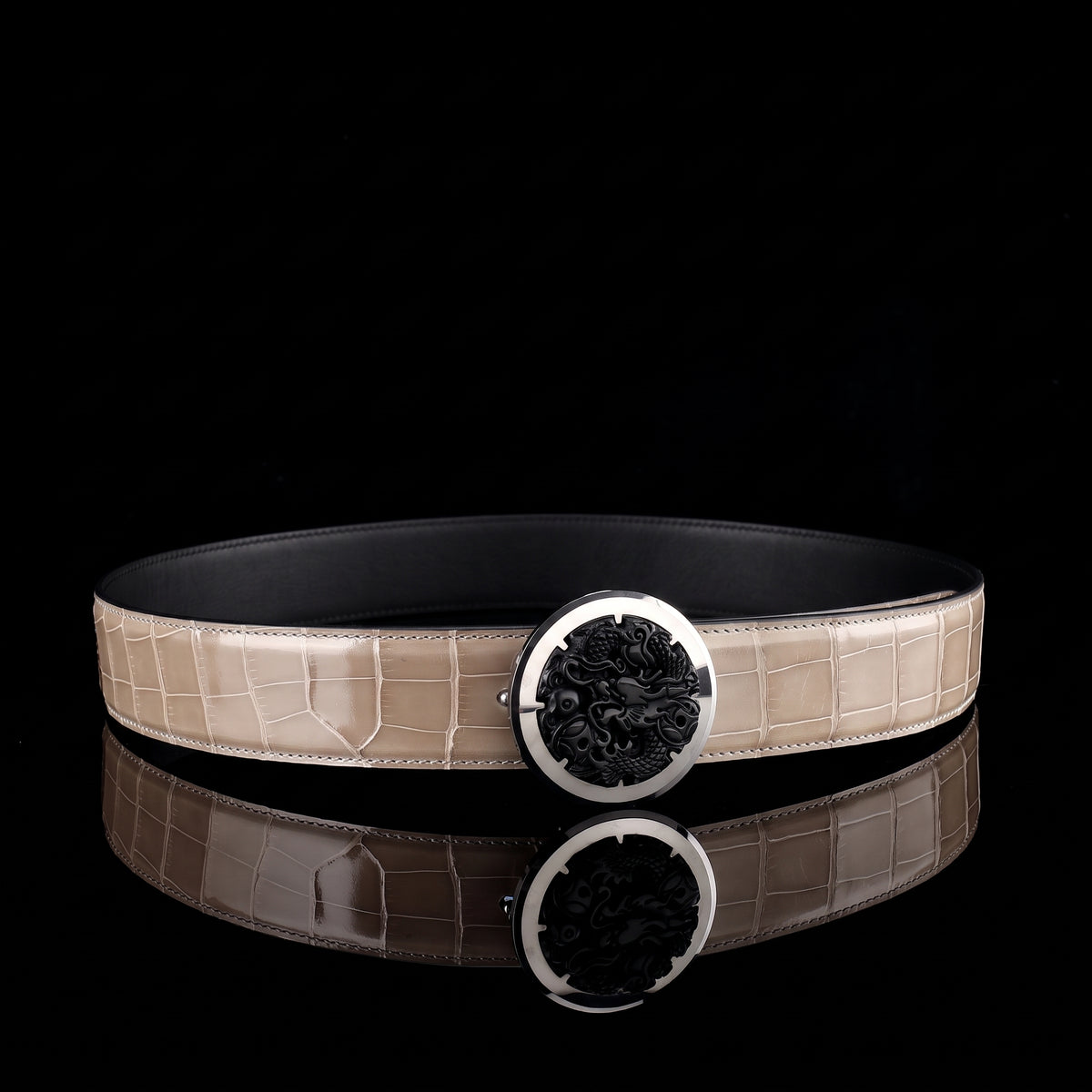 BELTLEY Glossy Alligator Belt with Tungsten Dragon Buckle