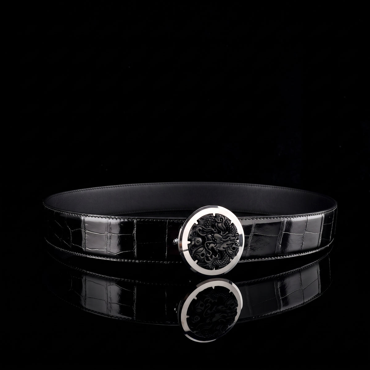 BELTLEY Glossy Alligator Belt with Tungsten Dragon Buckle