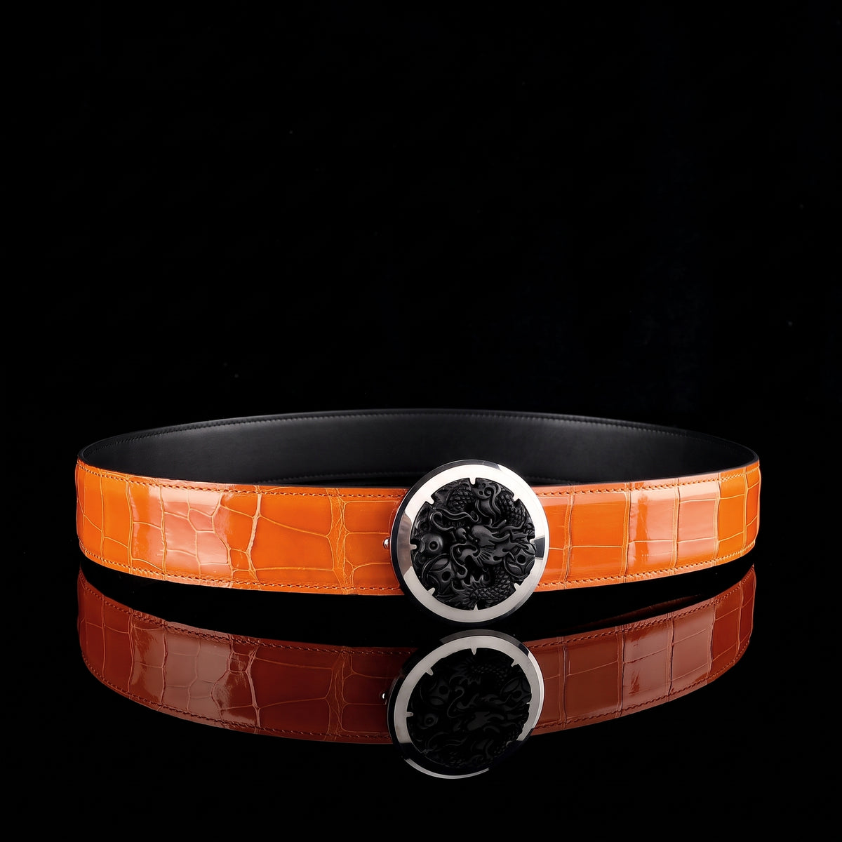 BELTLEY Glossy Alligator Belt with Tungsten Dragon Buckle