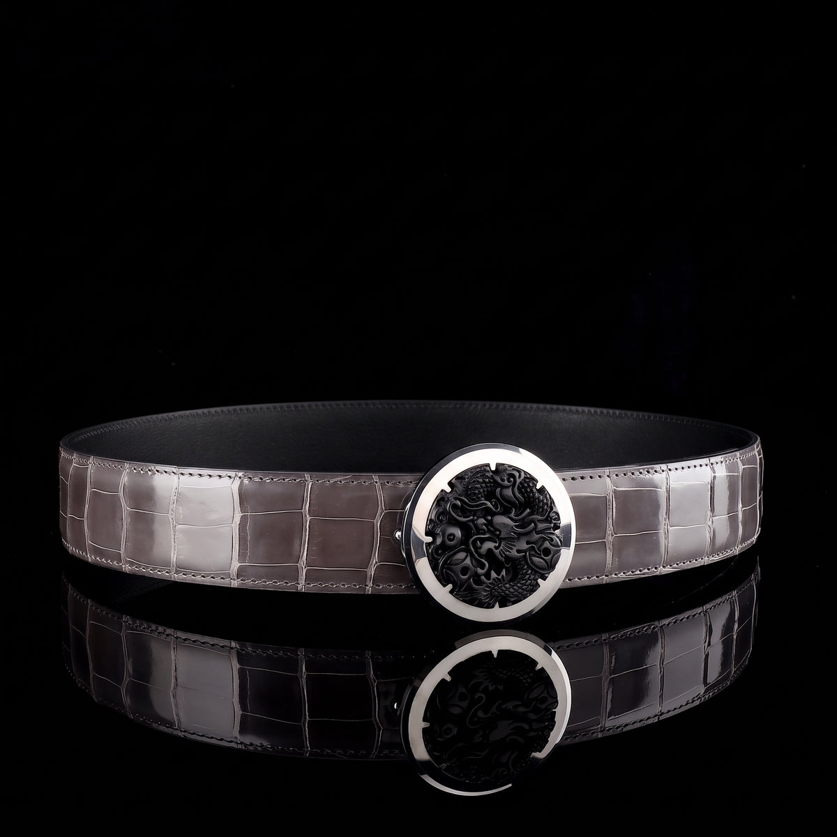BELTLEY Glossy Alligator Belt with Tungsten Dragon Buckle