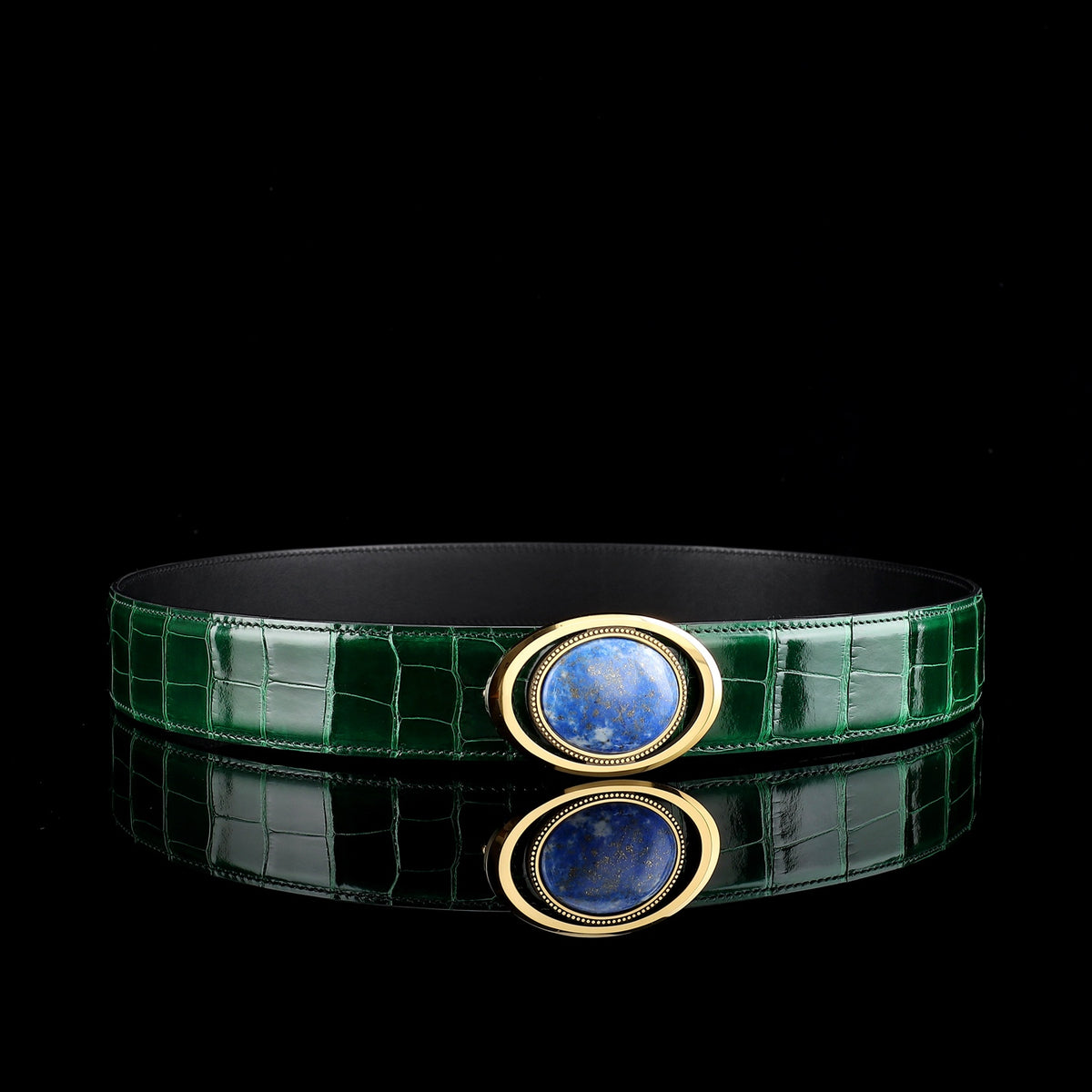 BELTLEY Glossy Alligator Belt with Tungsten Stone Buckle
