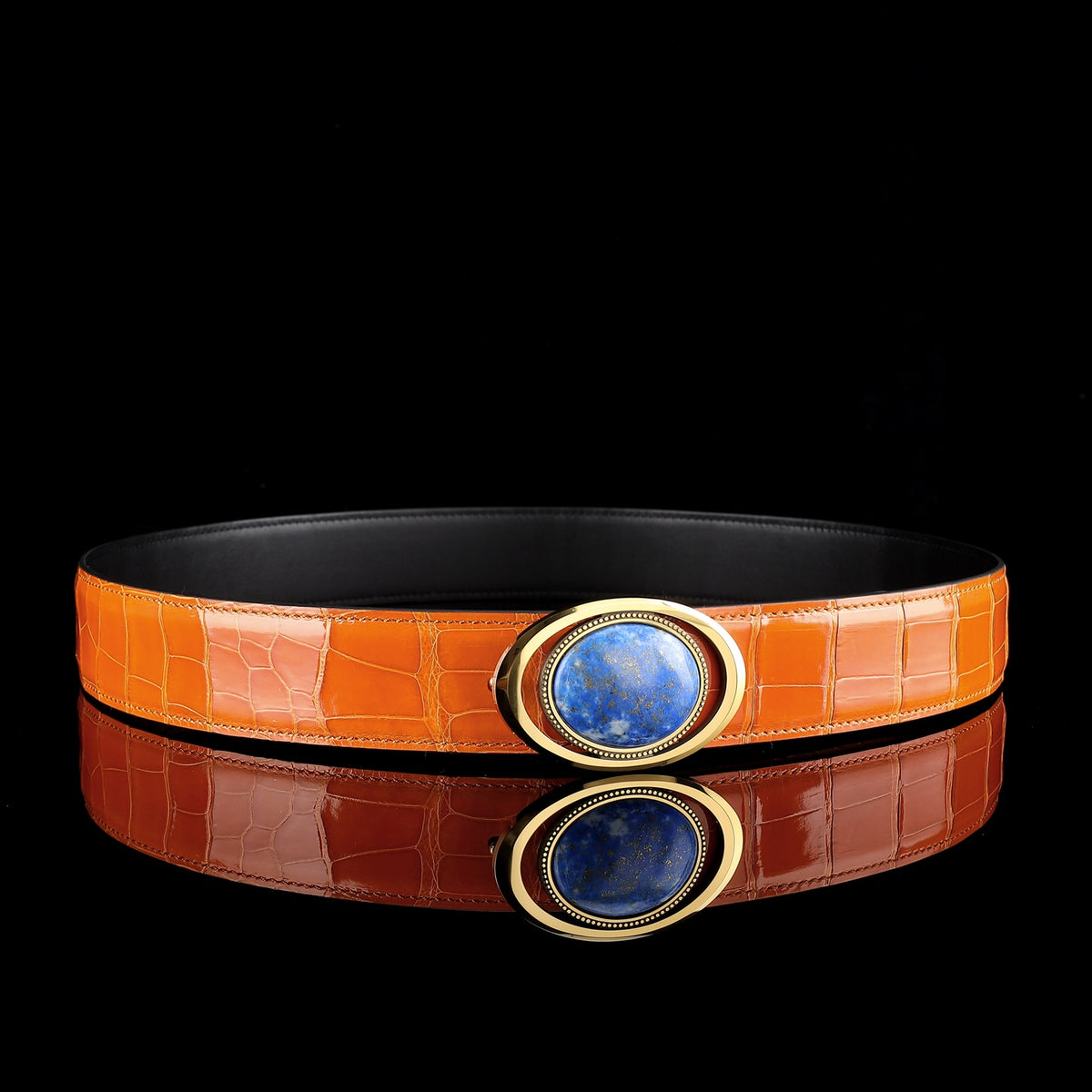 BELTLEY Glossy Alligator Belt with Tungsten Stone Buckle