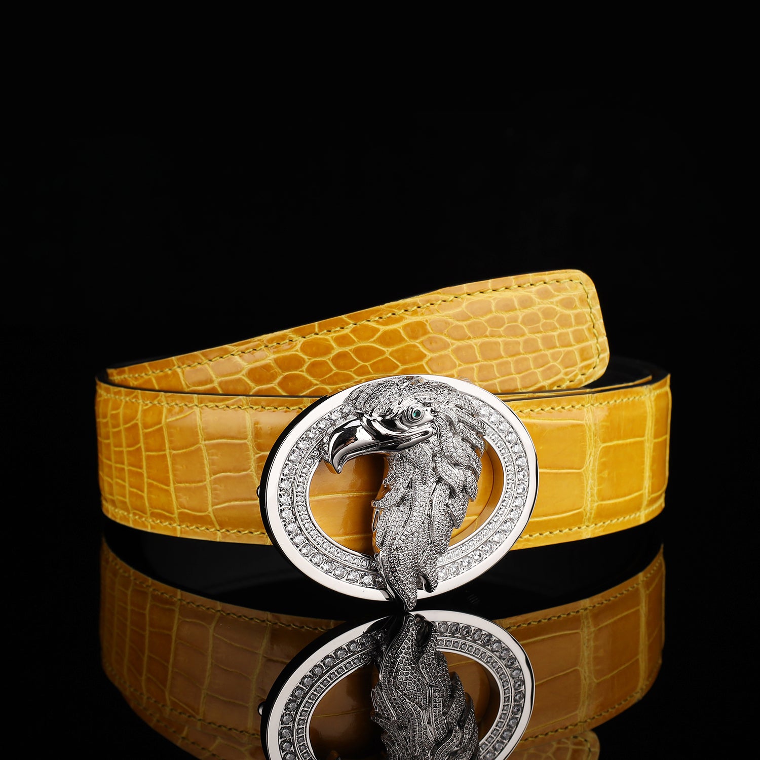 BELTLEY Glossy Amber Gold Crocodile Leather Belt-Rhinestone Buckle