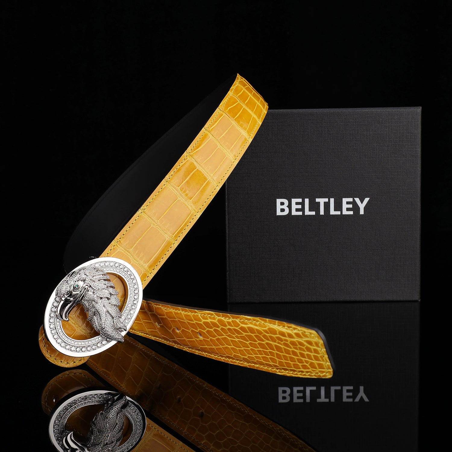 BELTLEY Glossy Amber Gold Crocodile Leather Belt-Rhinestone Buckle