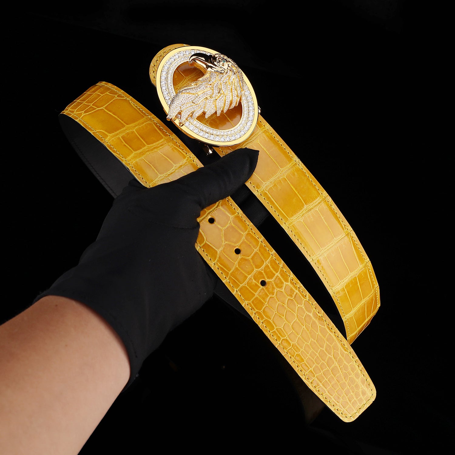 BELTLEY Glossy Amber Gold Crocodile Leather Belt-Rhinestone Buckle