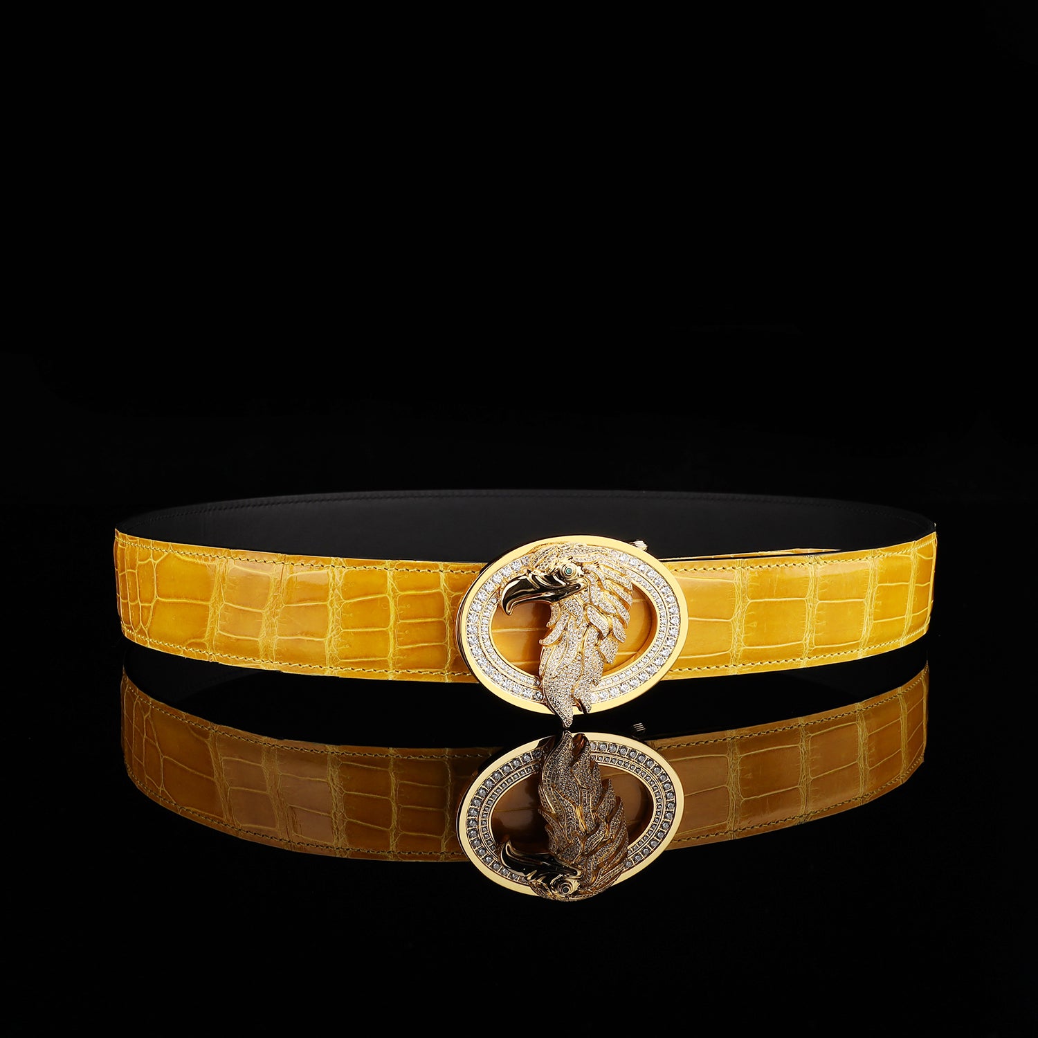 BELTLEY Glossy Amber Gold Crocodile Leather Belt-Rhinestone Buckle